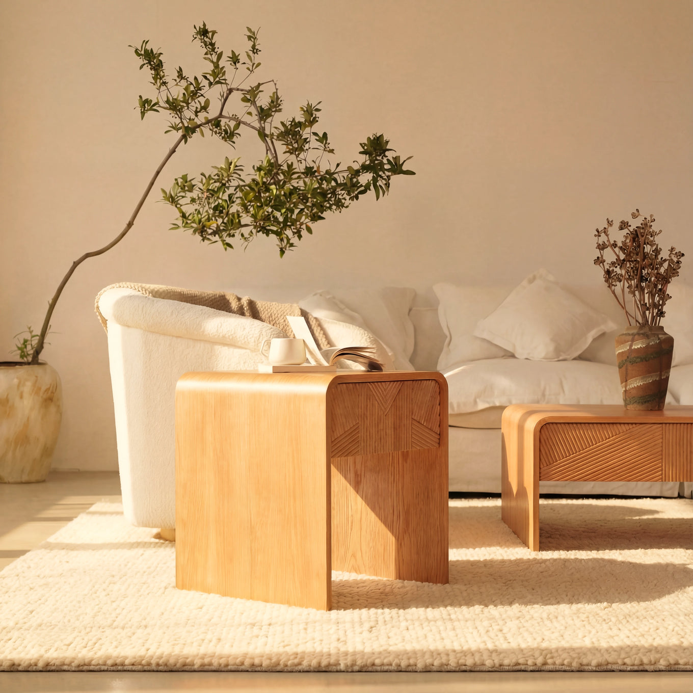 Vista Side Table White oak with sculpted slat detailing