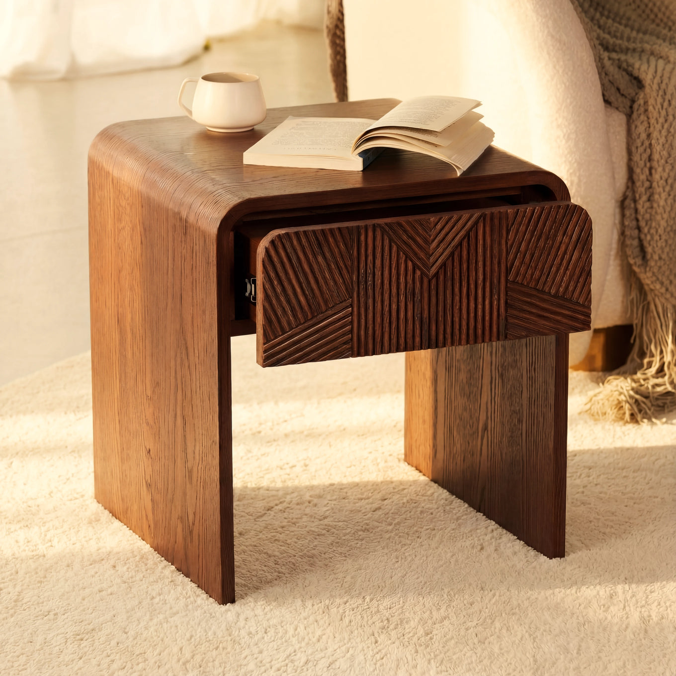 Vista Side Table White oak with sculpted slat detailing
