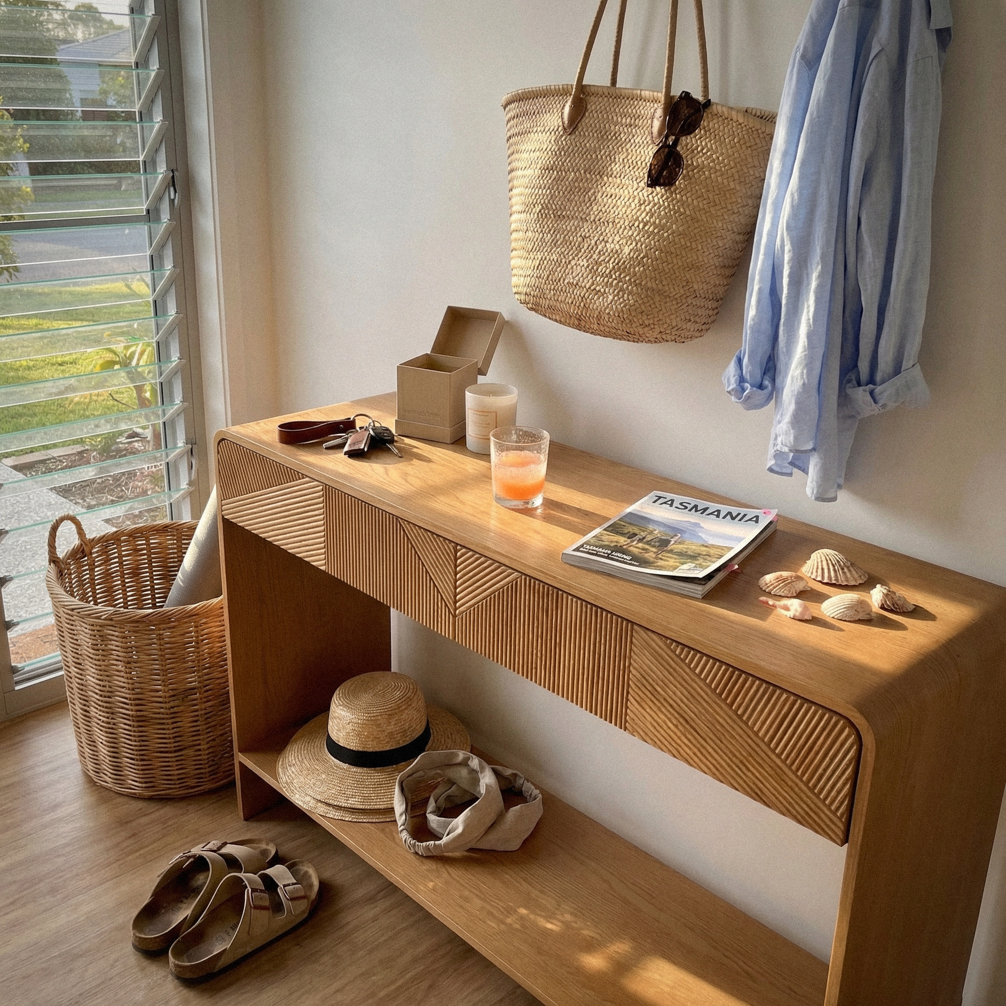 VISTA Console Table White oak with sculpted slat detailing