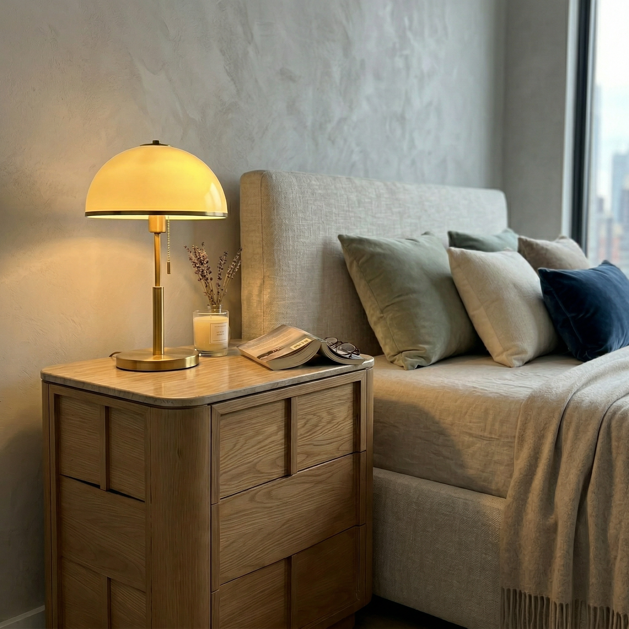 Hearth Bedside Table Oak wood with travertine top