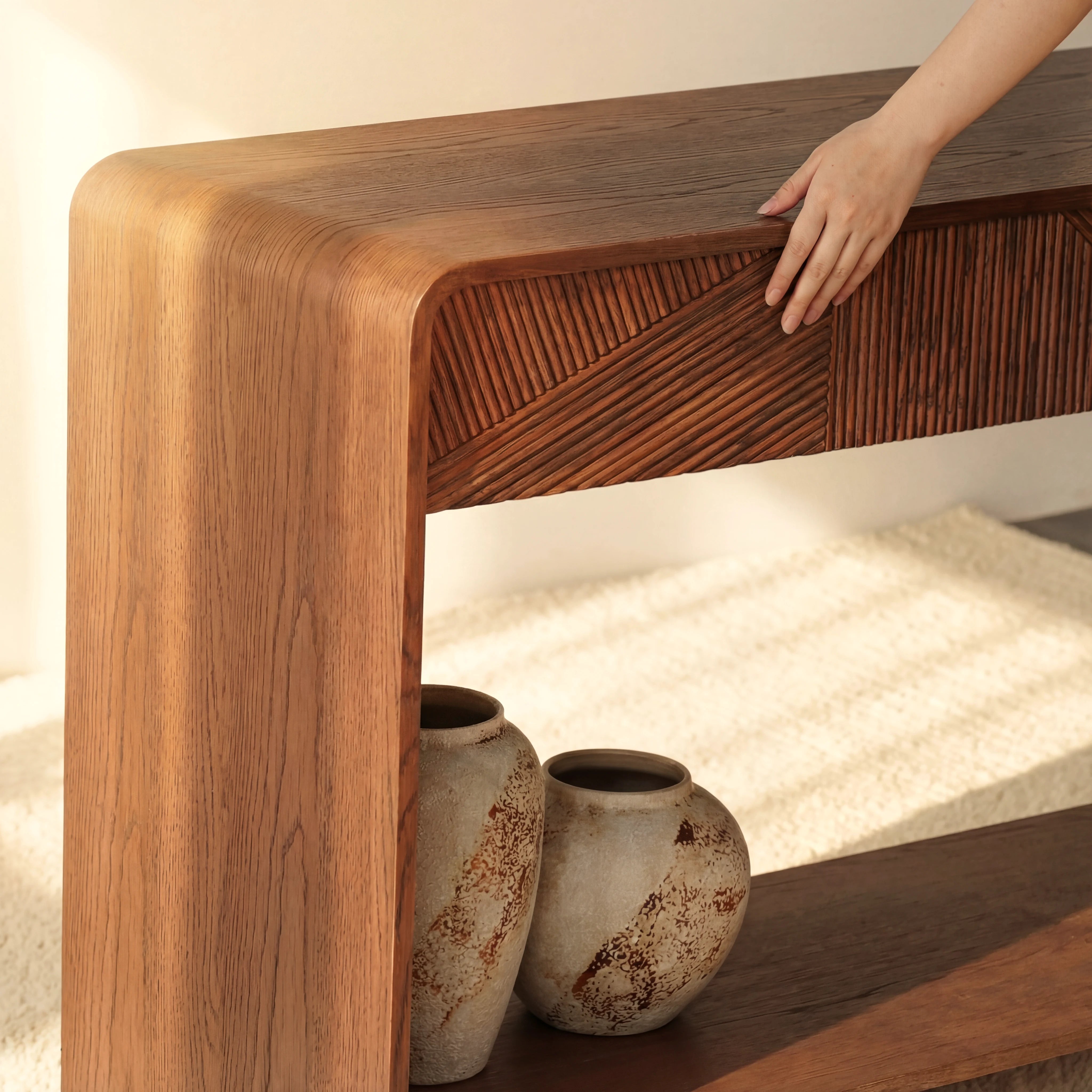 VISTA Console Table White oak with sculpted slat detailing