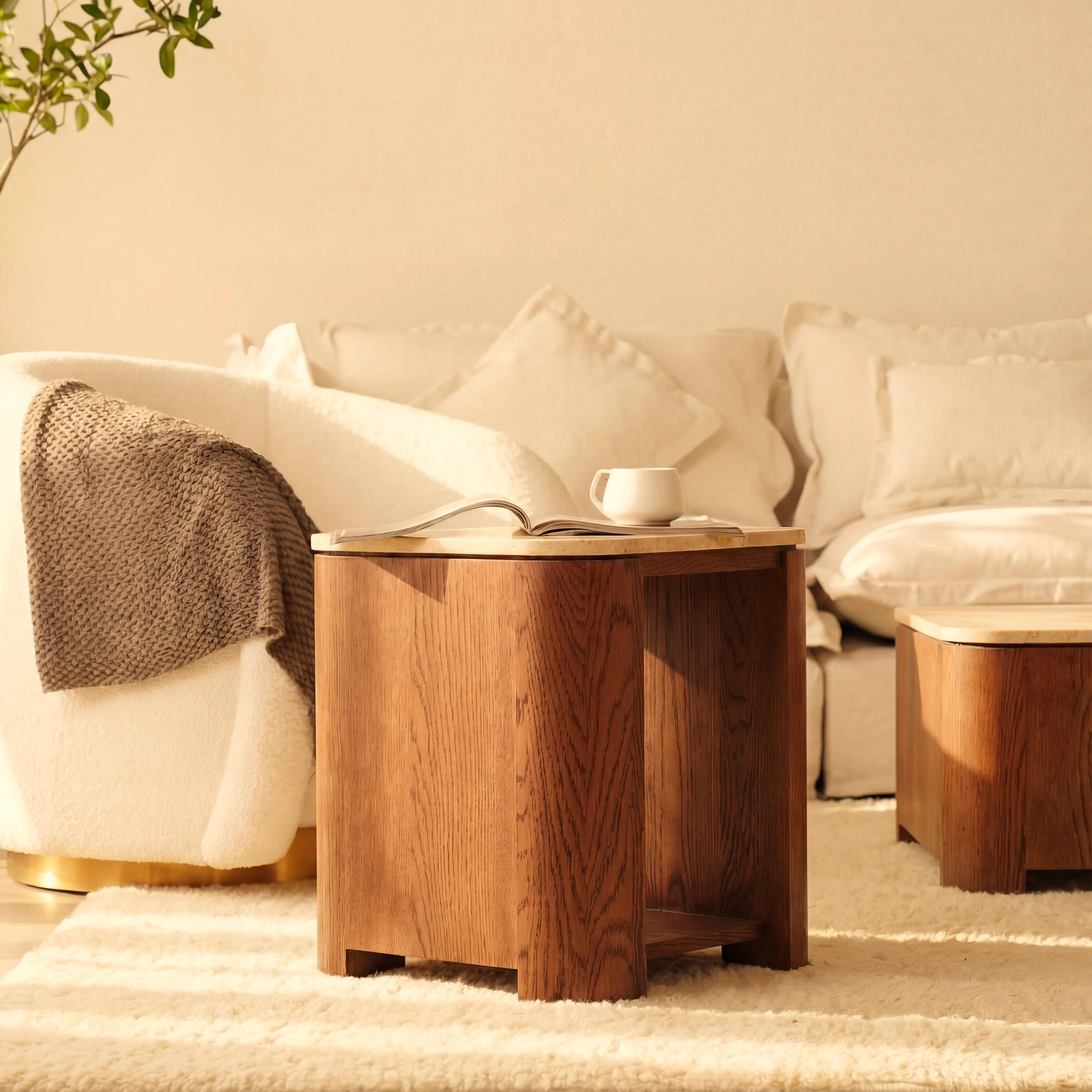 Ovelo Side Table Oak wood with travertine top