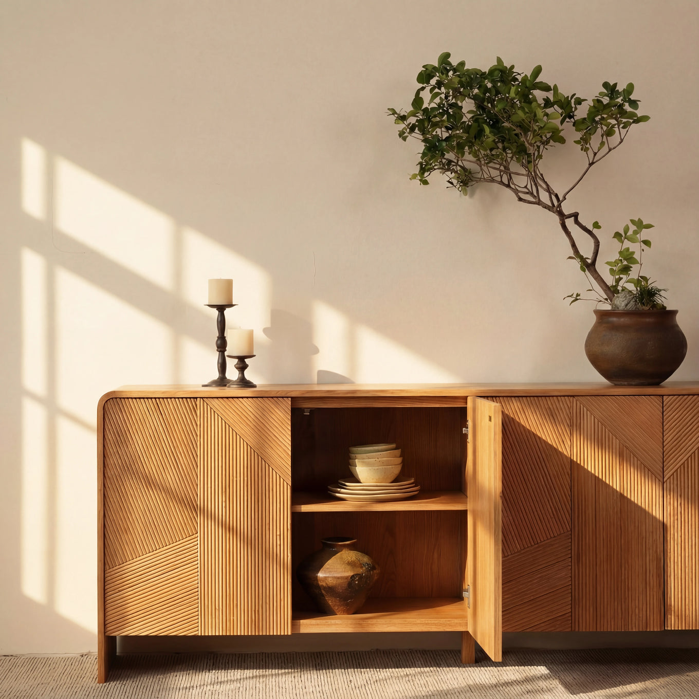 Vista Sideboard White oak with sculpted slat detailing