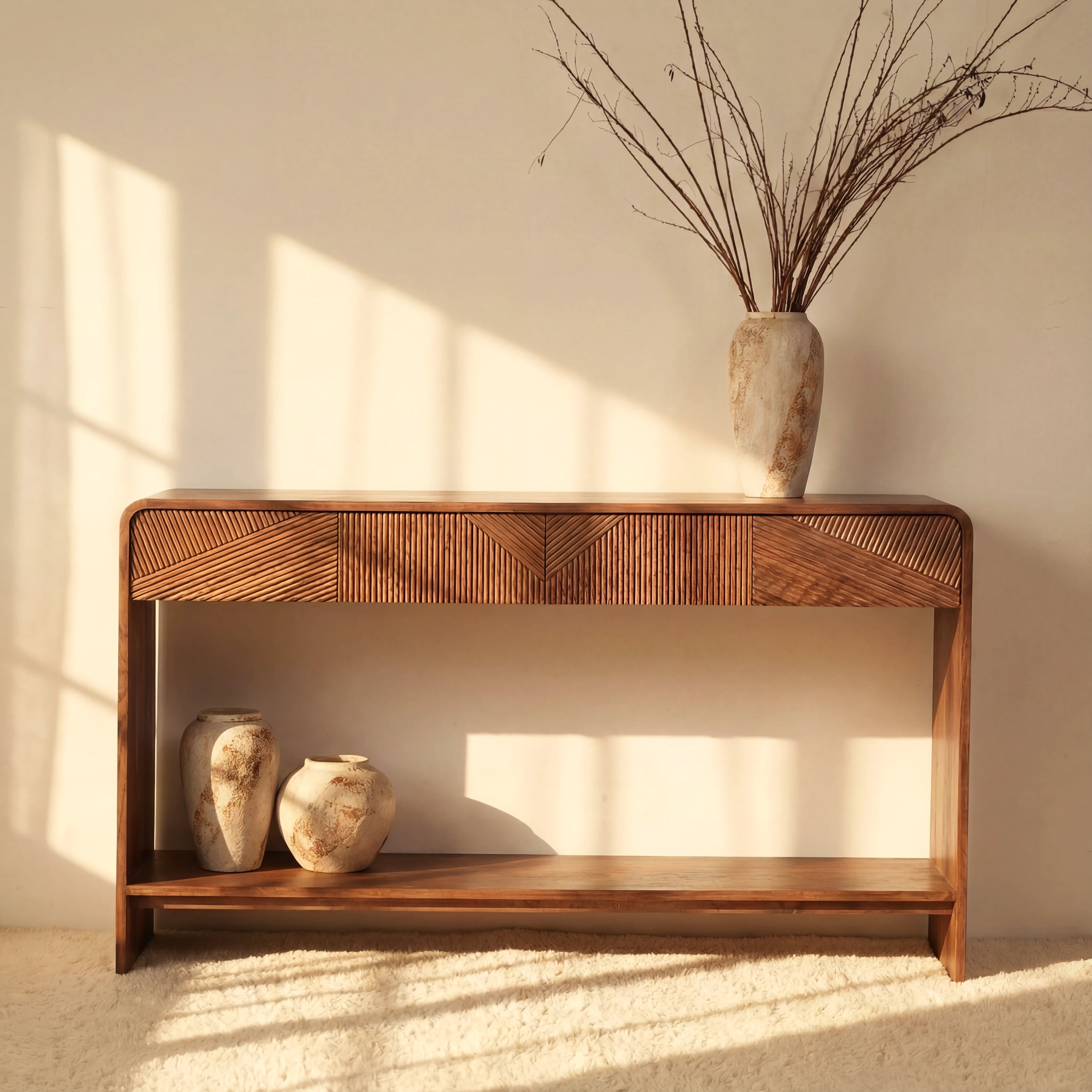 VISTA Console Table White oak with sculpted slat detailing