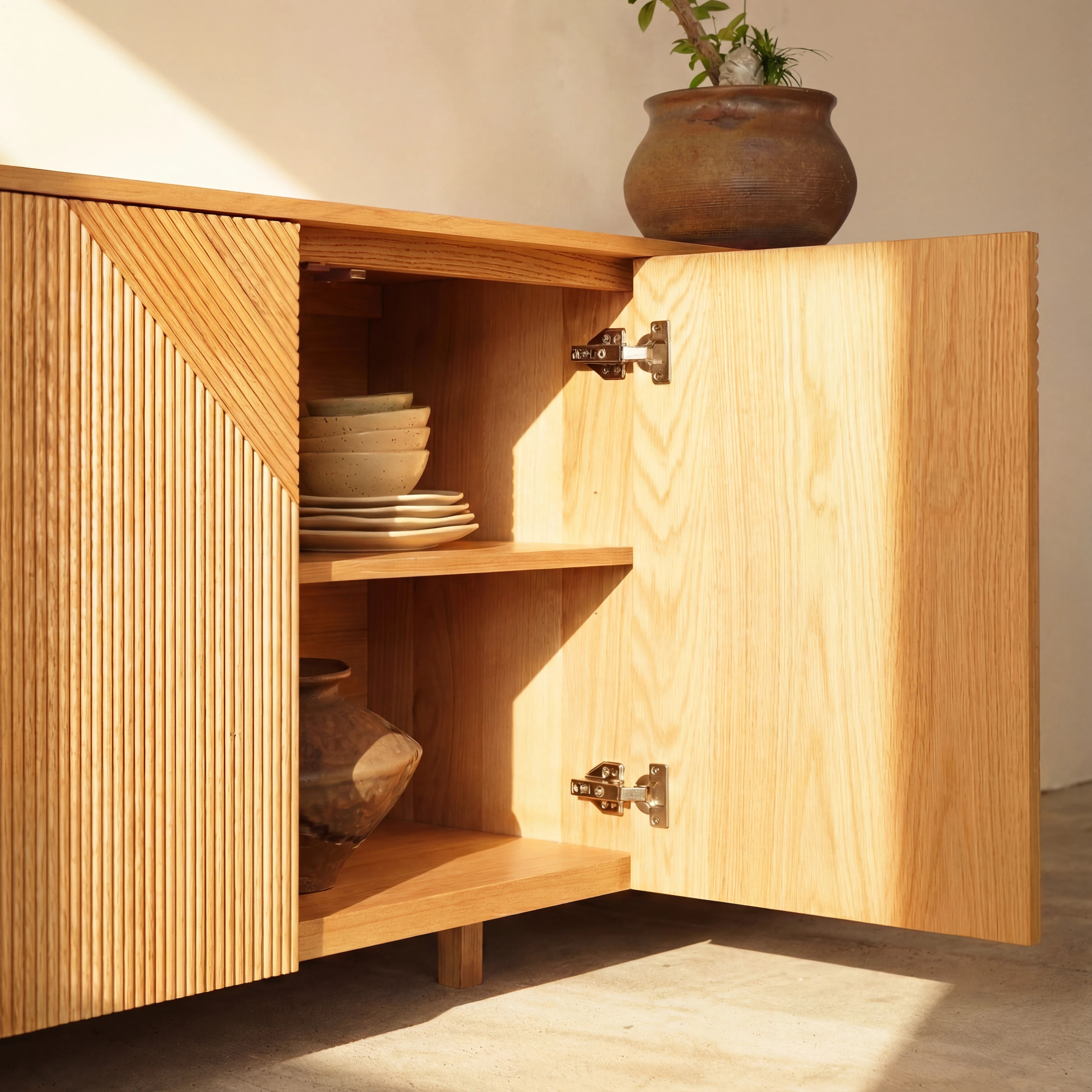 Vista Sideboard White oak with sculpted slat detailing