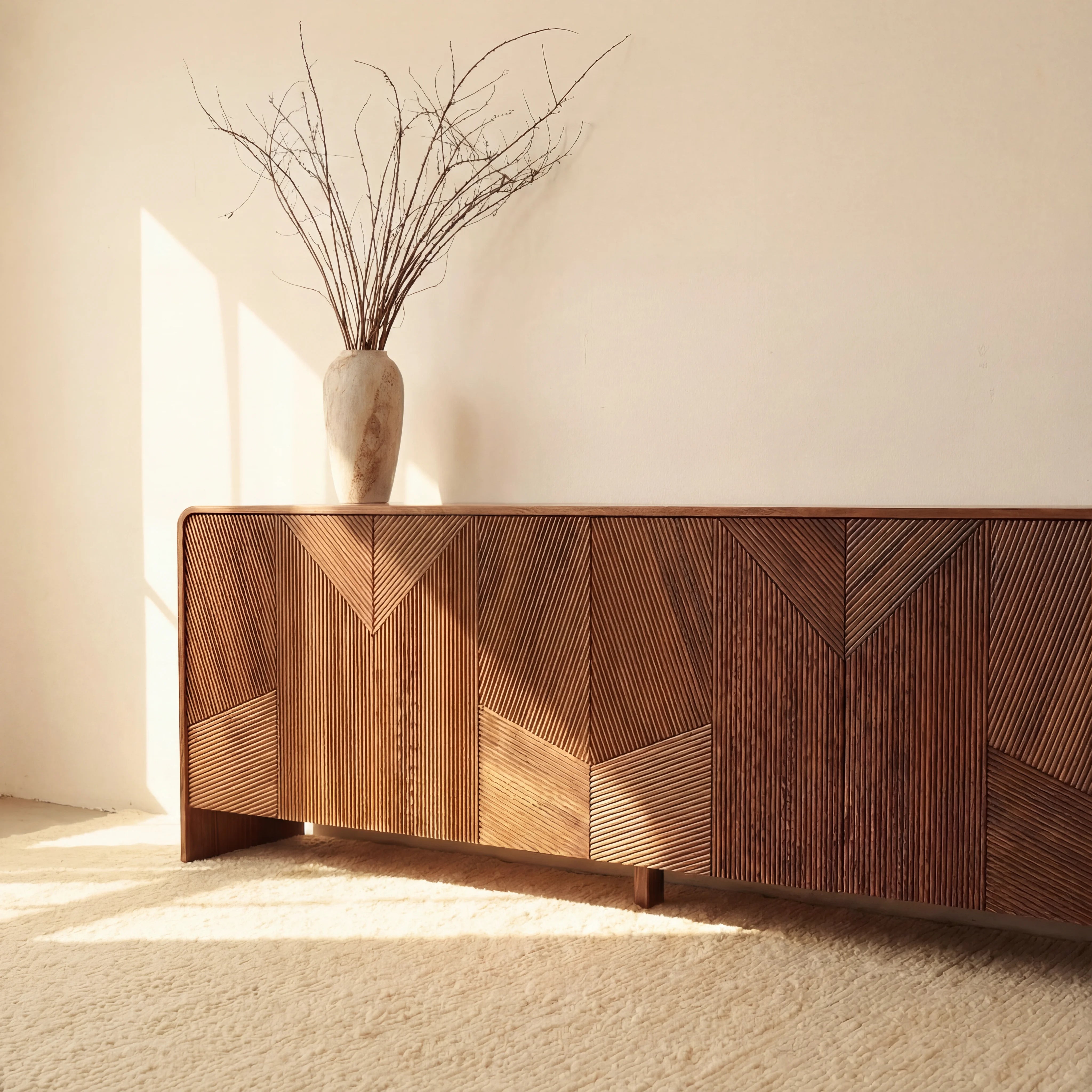Vista Sideboard White oak with sculpted slat detailing
