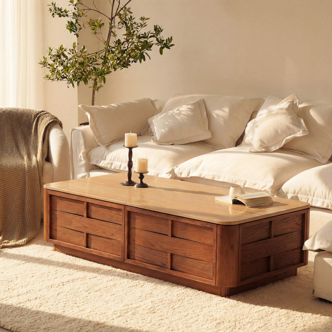 Hearth Coffee Table Oak wood with travertine top