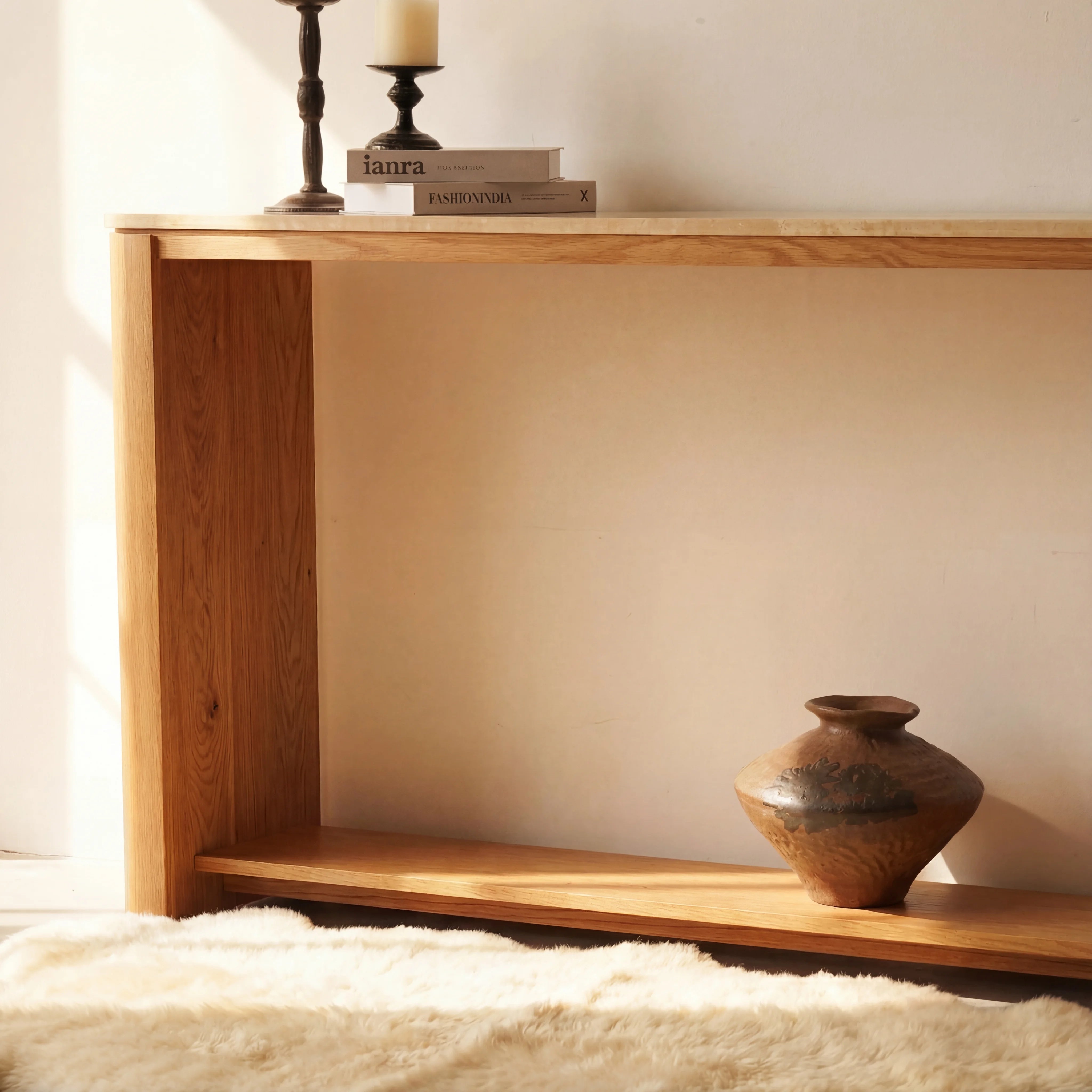 Ovelo Console Table Oak wood with travertine top