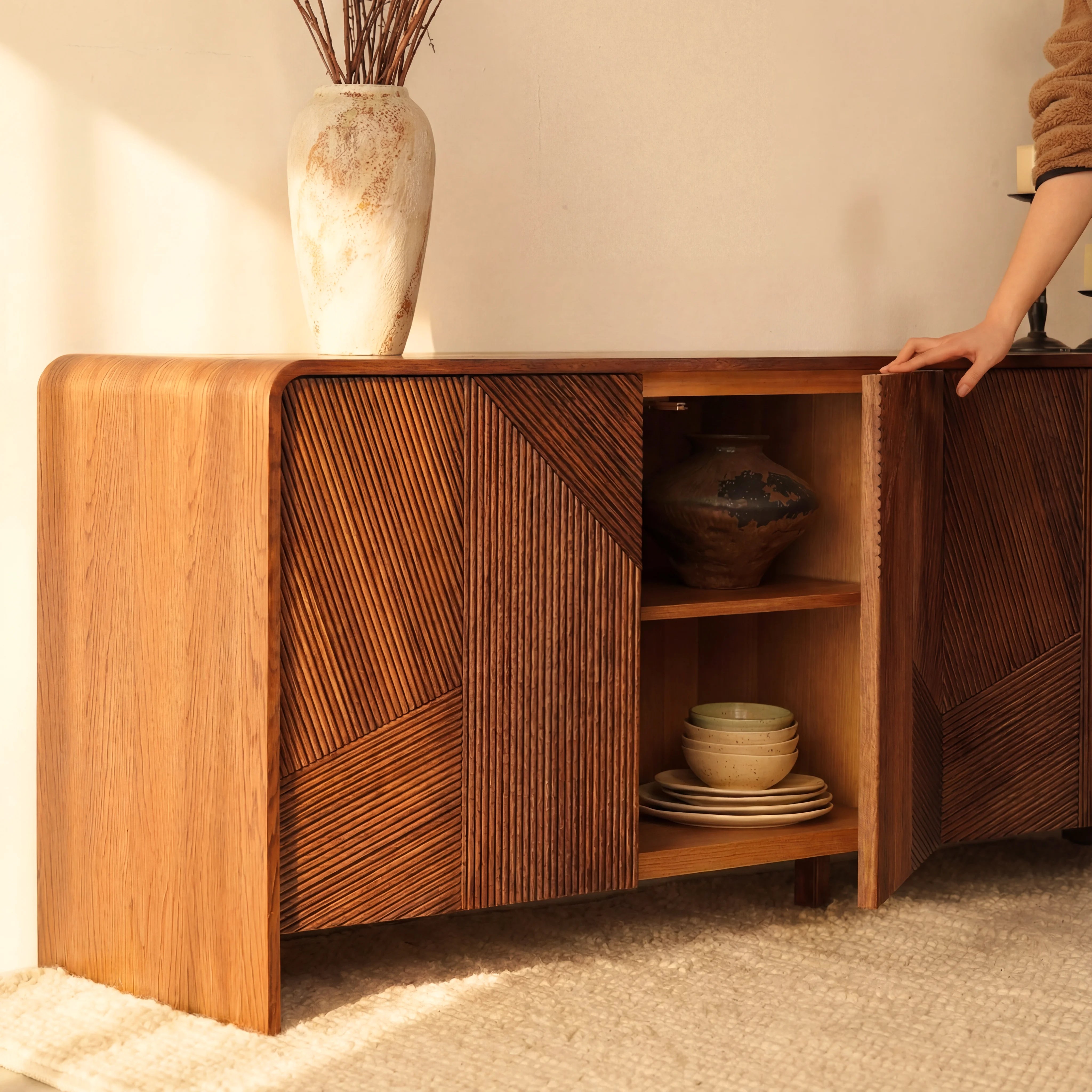 Vista Sideboard White oak with sculpted slat detailing