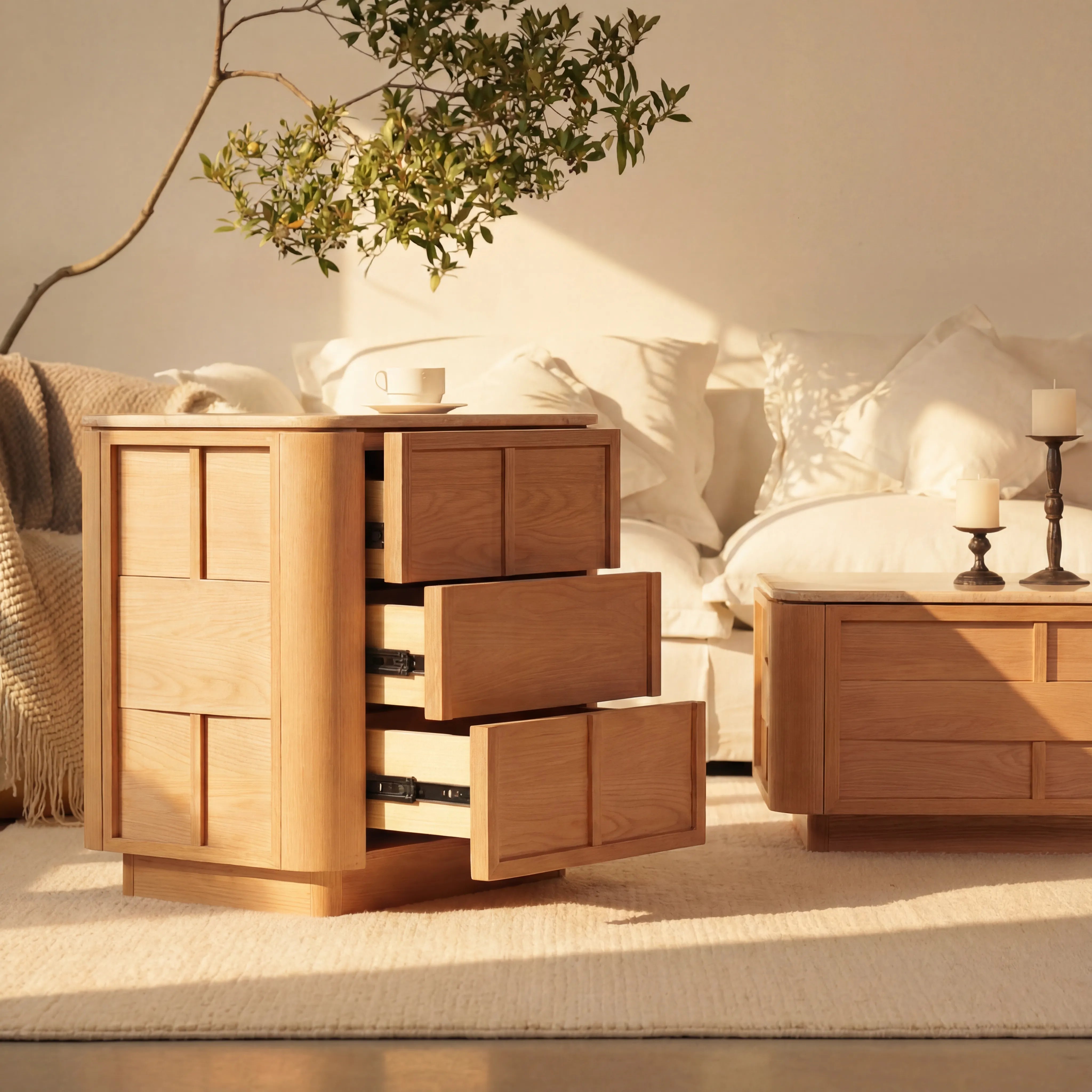 Hearth Bedside Table Oak wood with travertine top