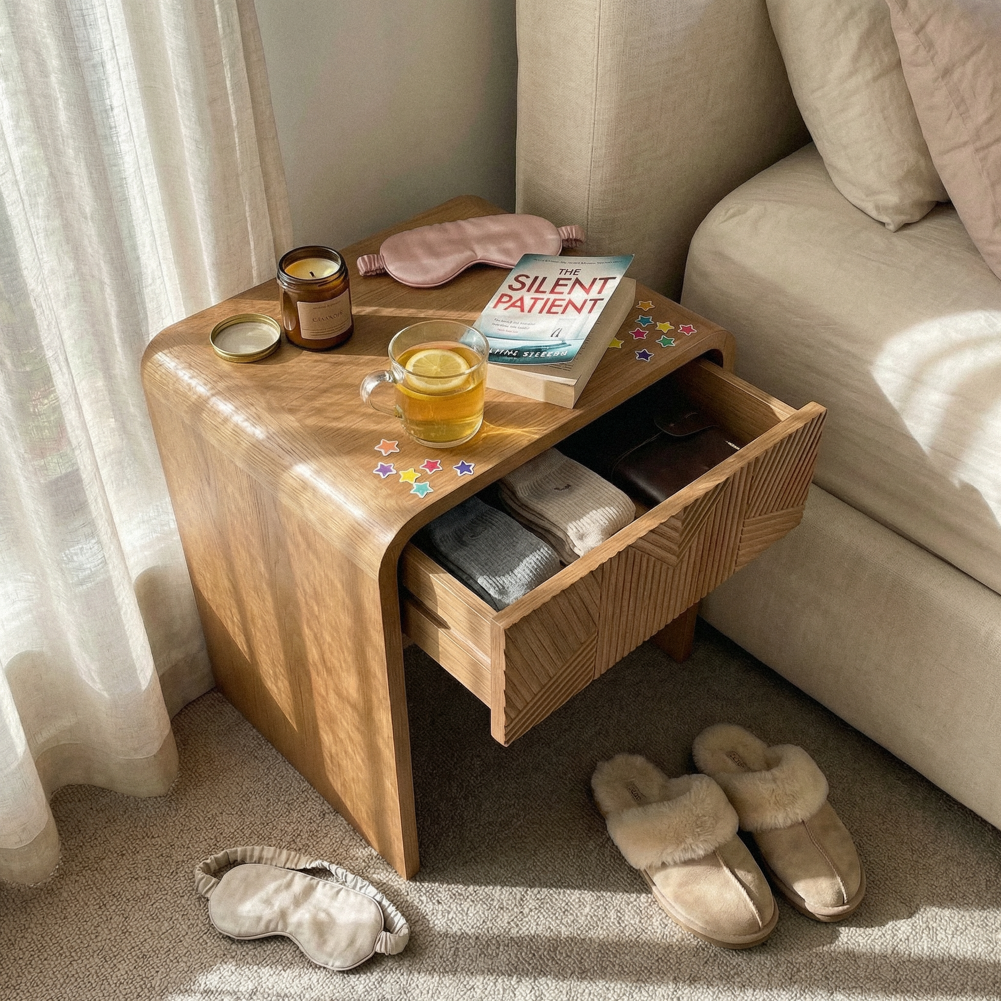Vista Side Table White oak with sculpted slat detailing