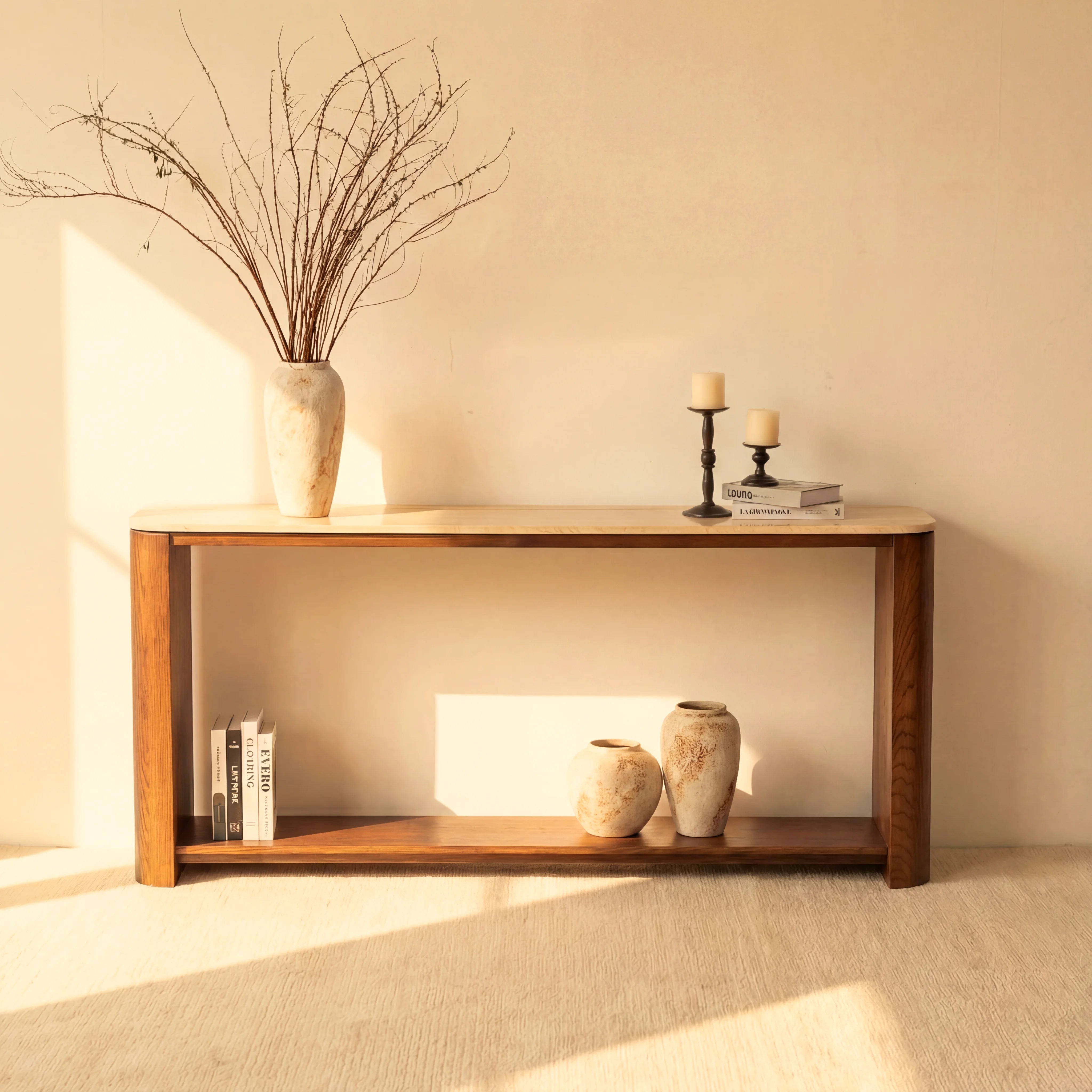 Ovelo Console Table Oak wood with travertine top