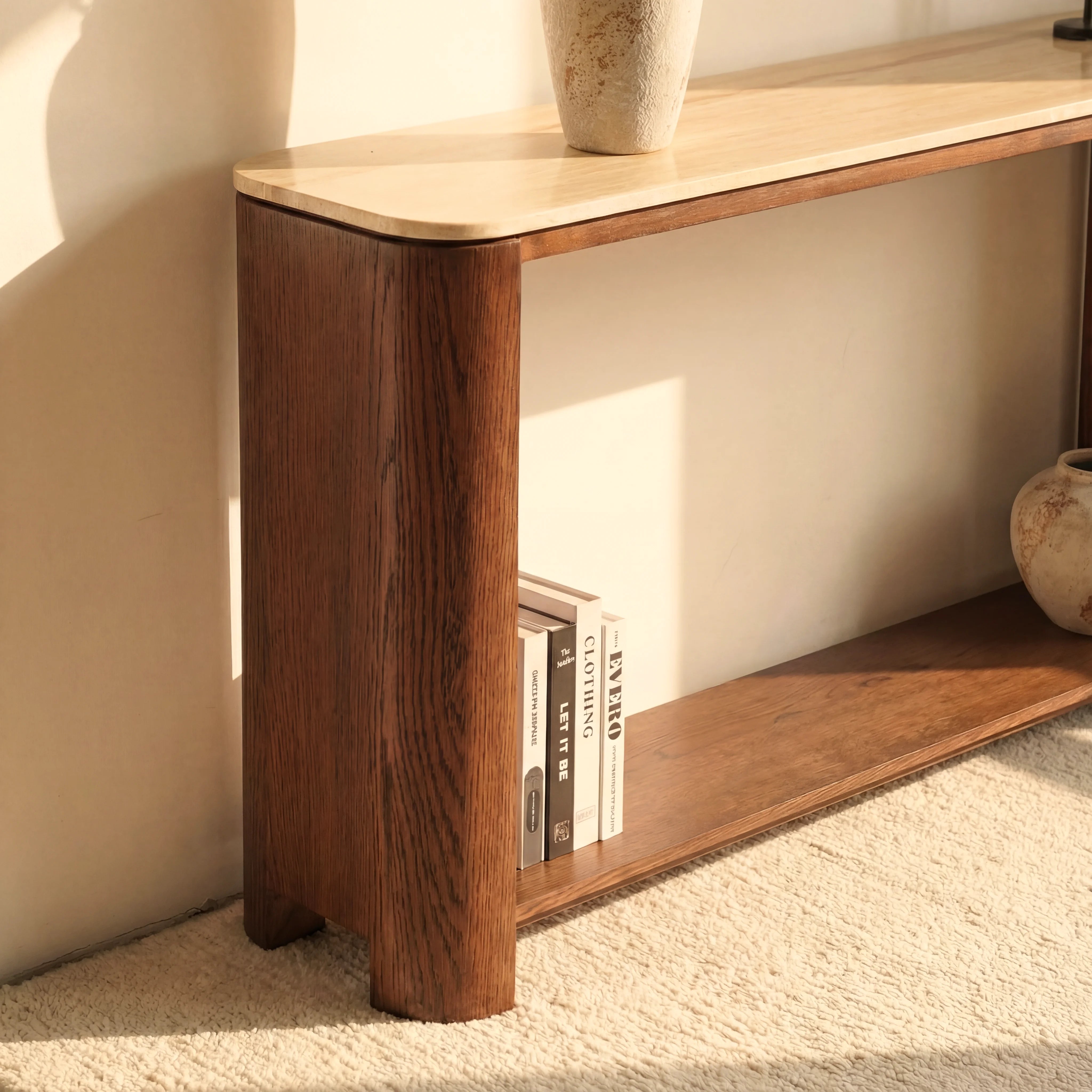 Ovelo Console Table Oak wood with travertine top