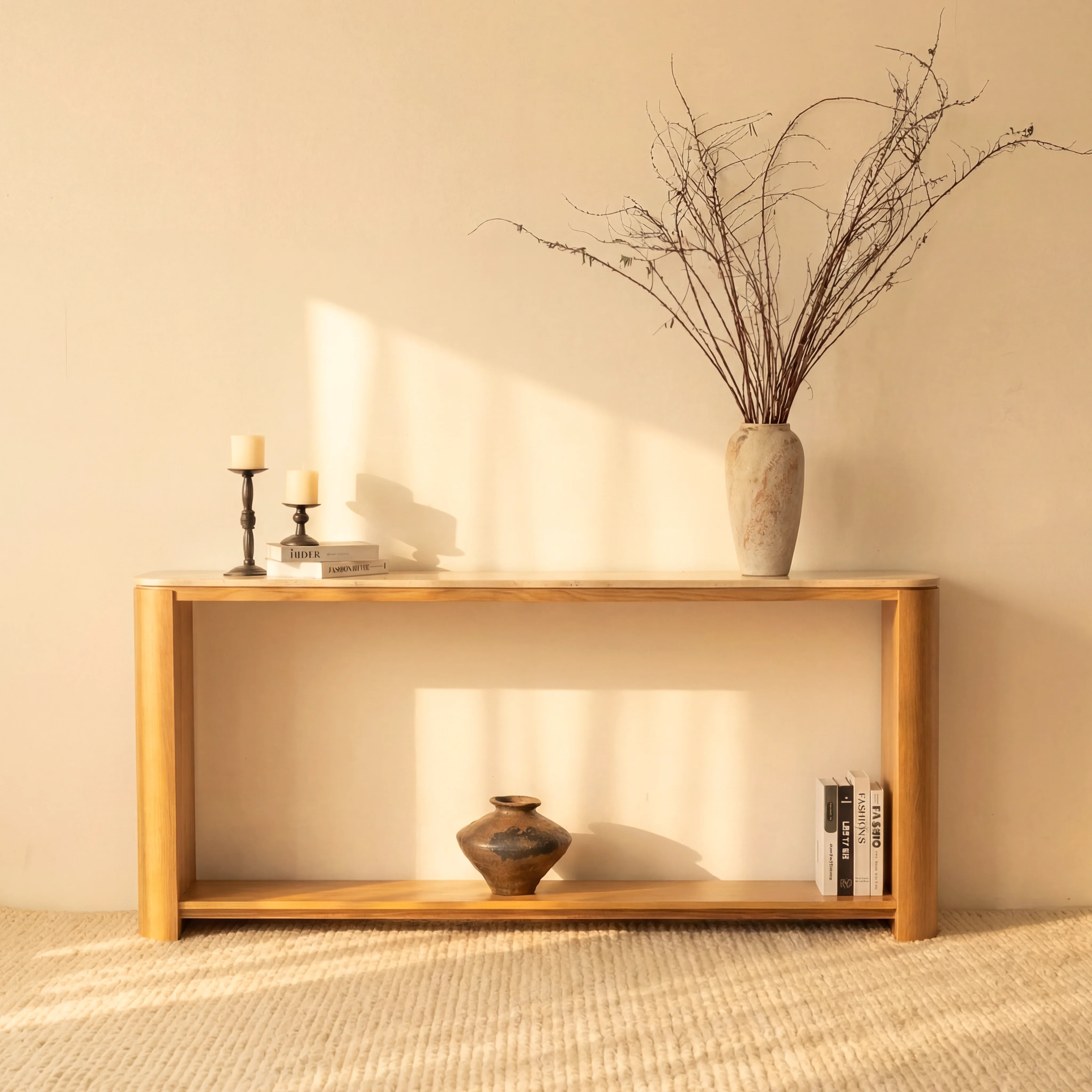 Ovelo Console Table Oak wood with travertine top