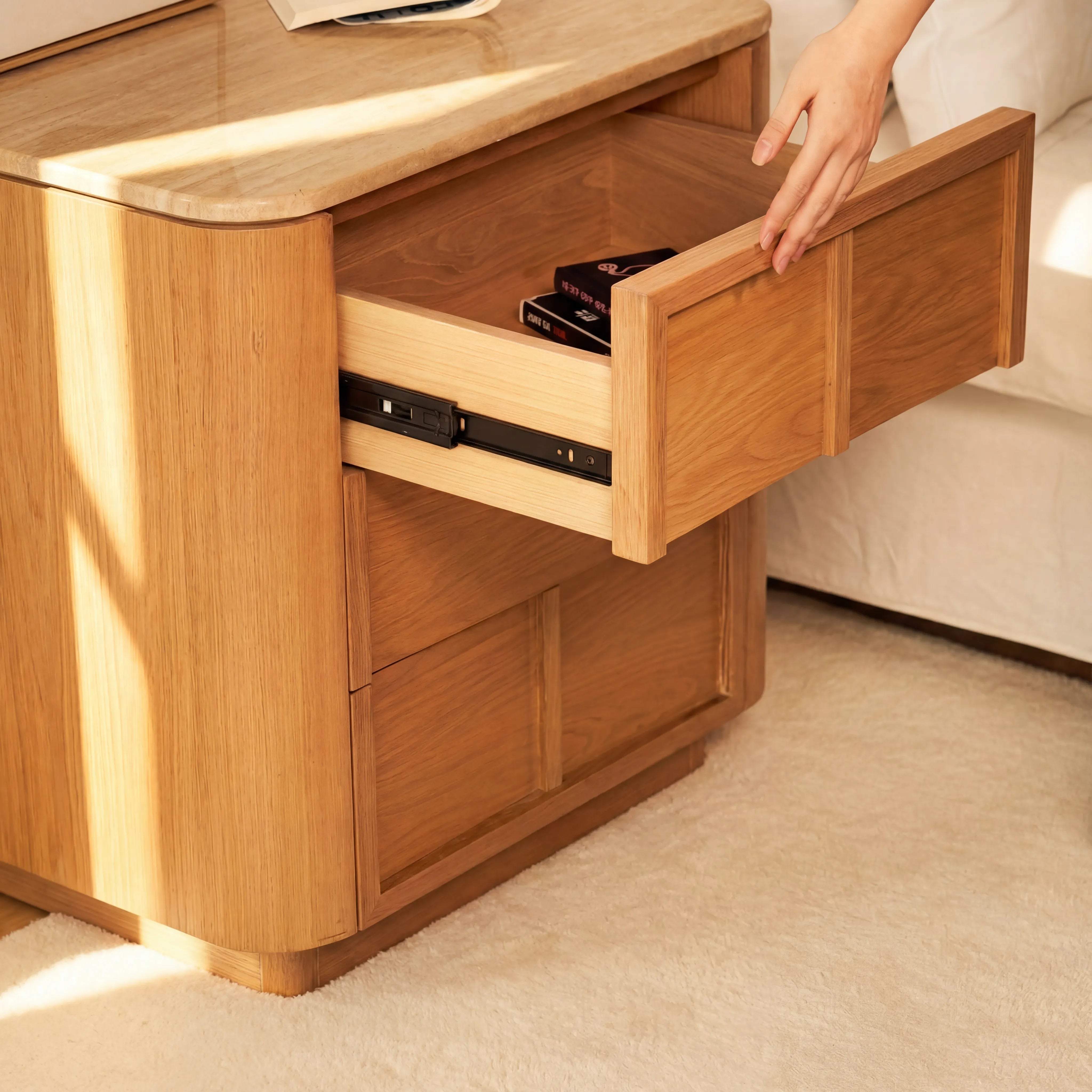 Hearth Bedside Table Oak wood with travertine top