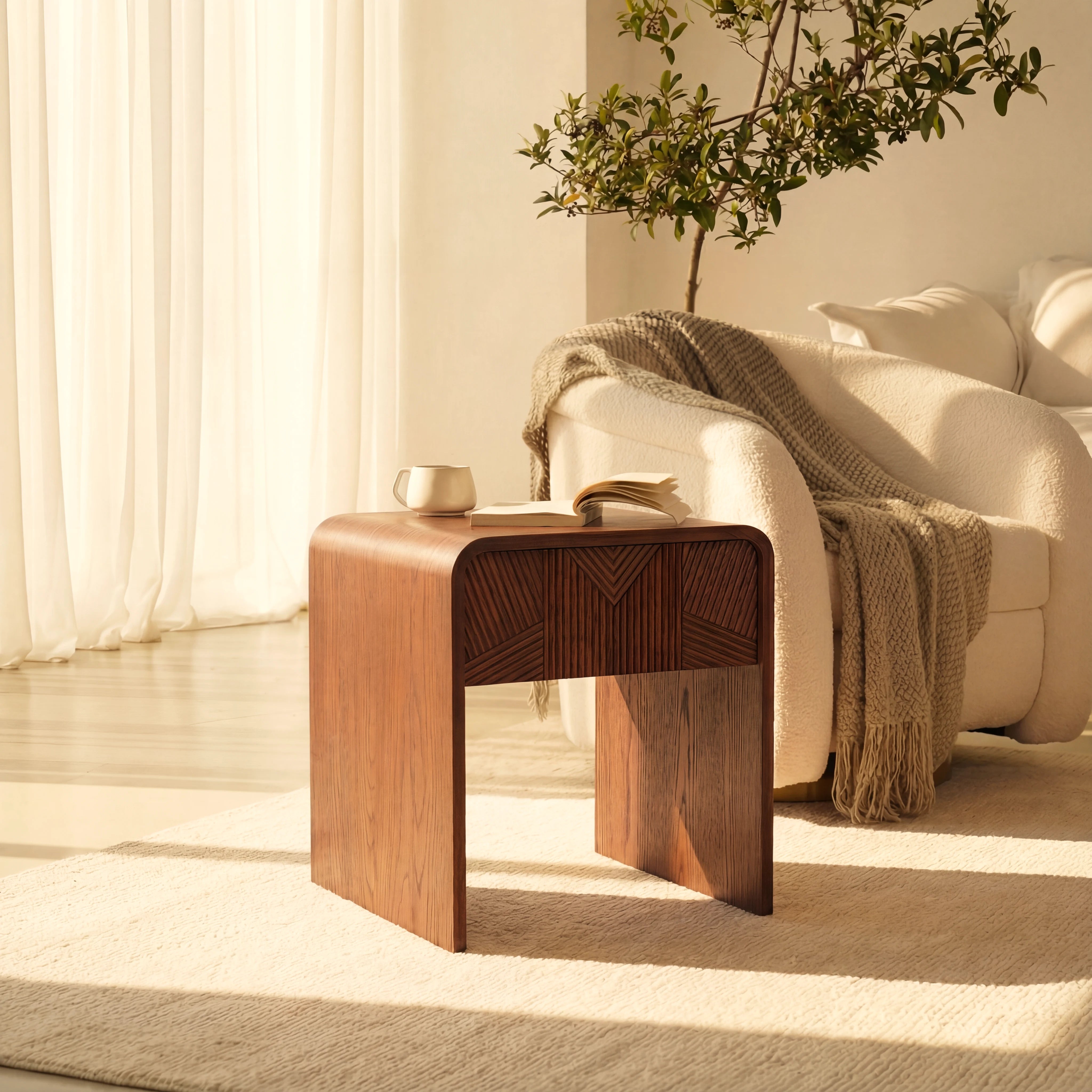 Vista Side Table White oak with sculpted slat detailing