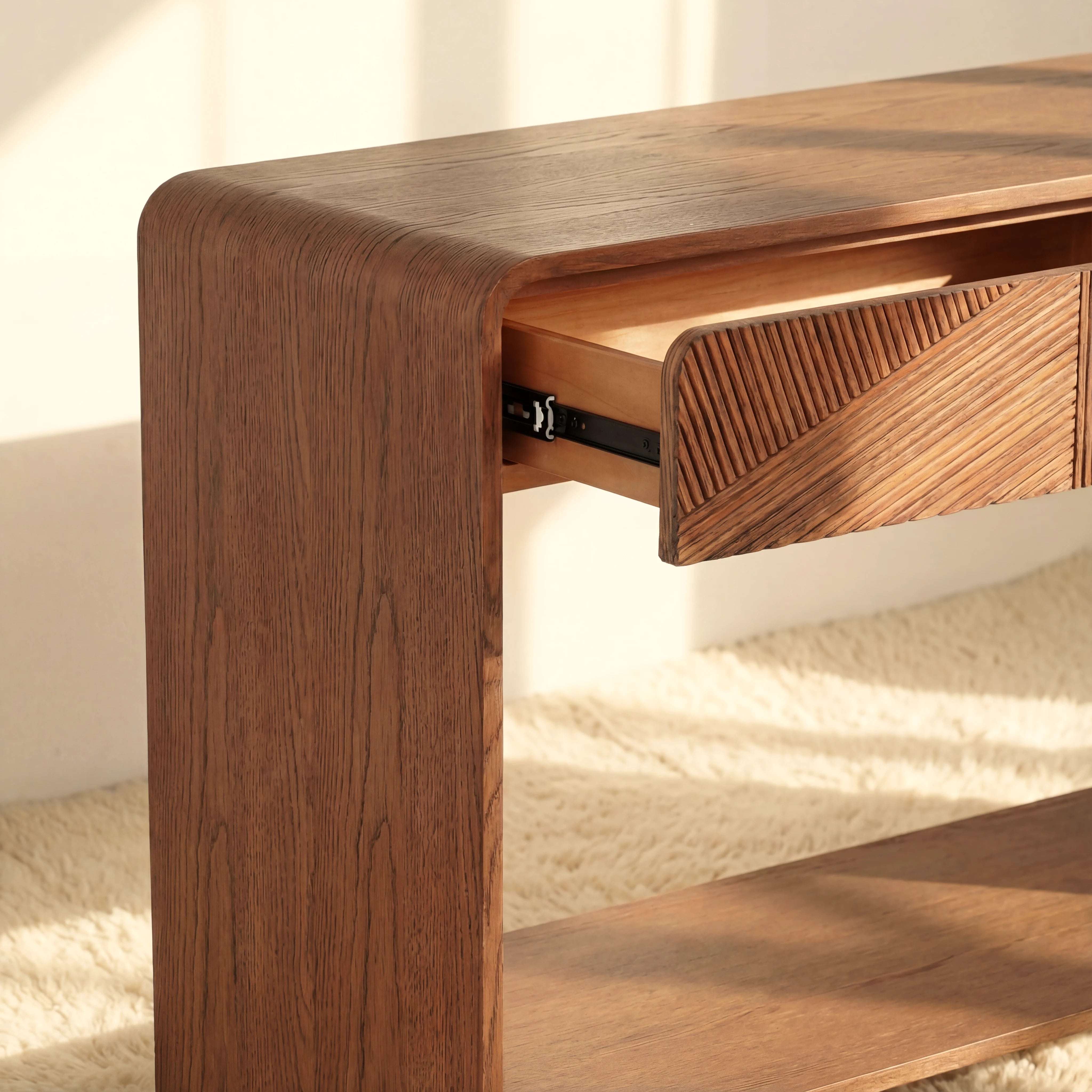 VISTA Console Table White oak with sculpted slat detailing