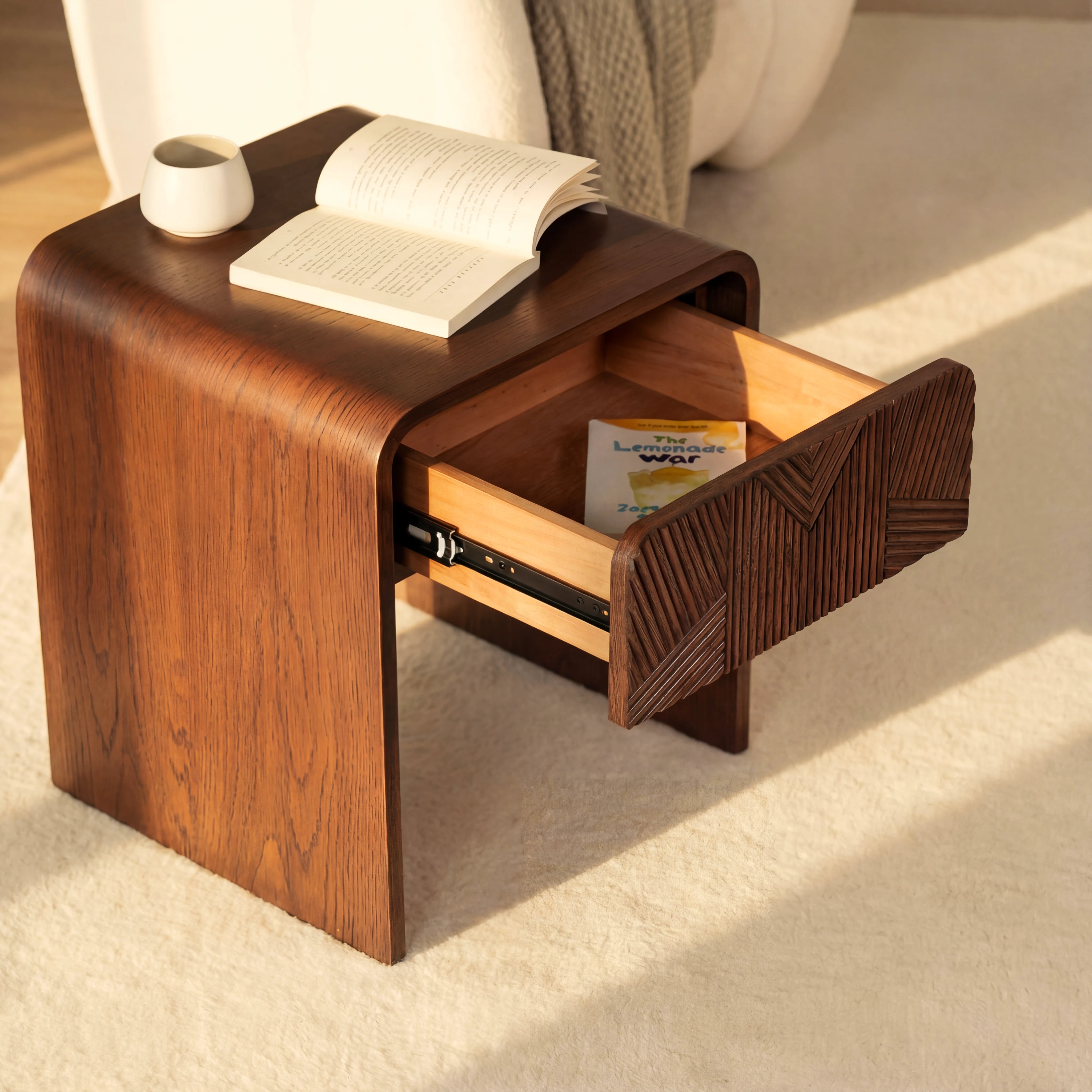 Vista Side Table White oak with sculpted slat detailing