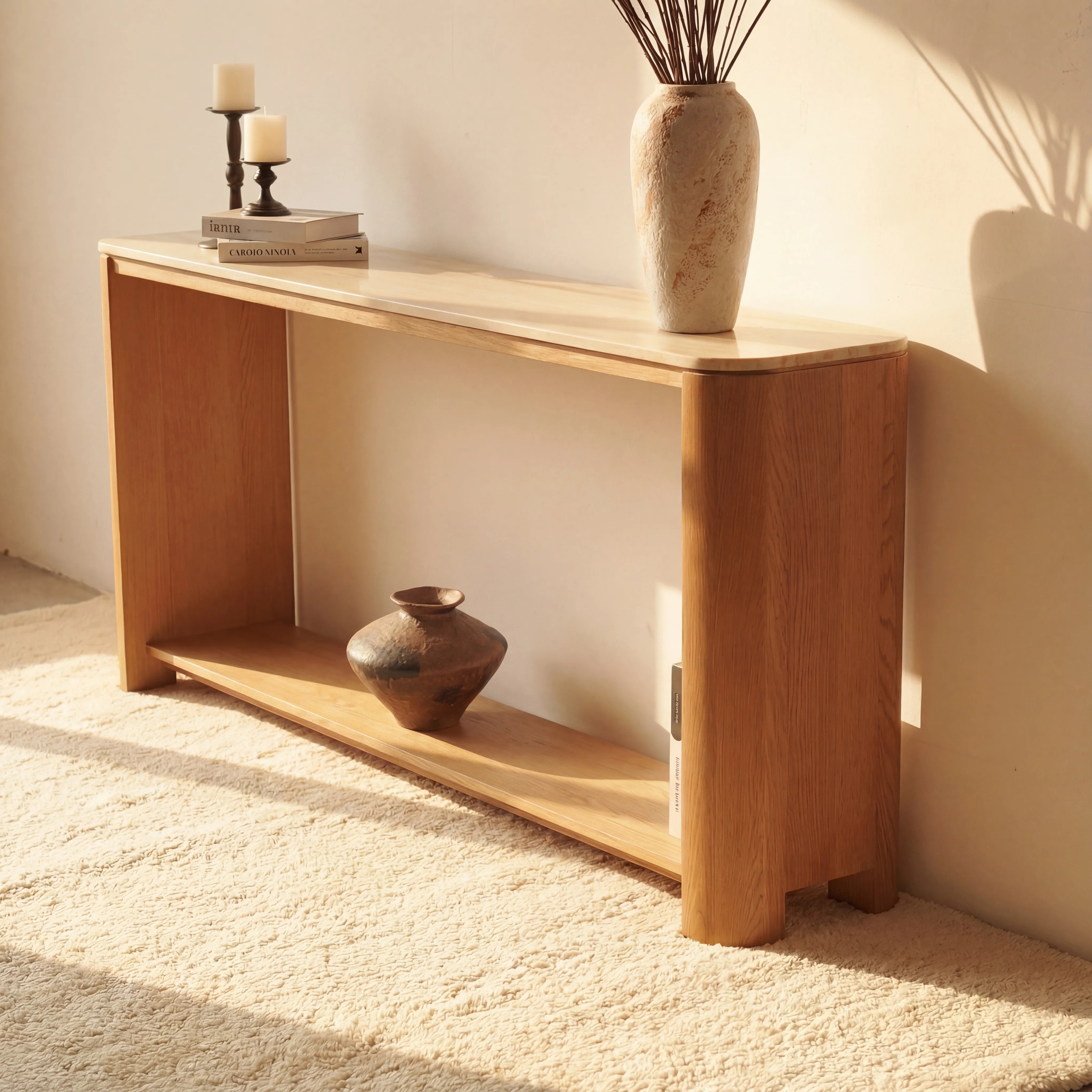 Ovelo Console Table Oak wood with travertine top