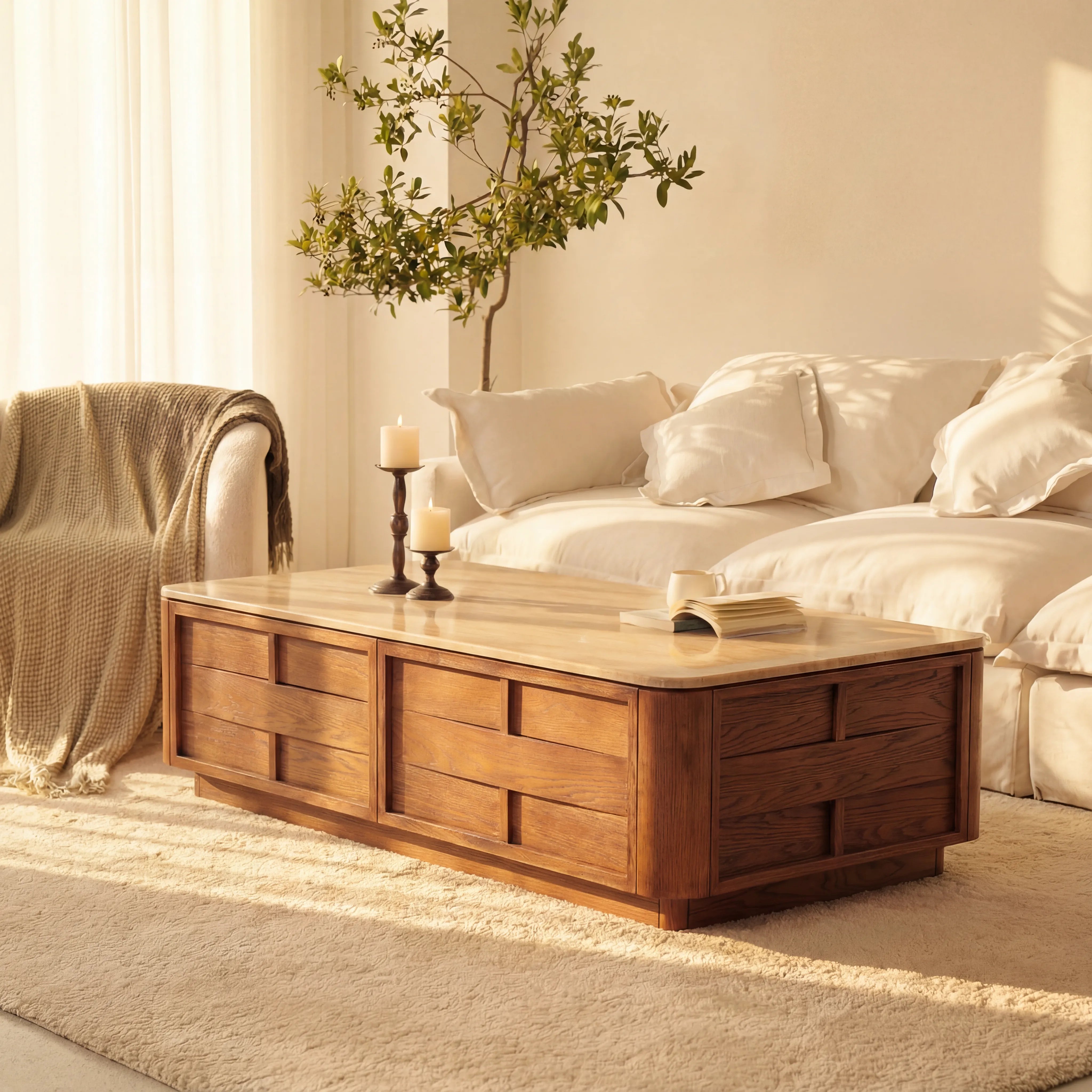 Hearth Coffee Table Oak wood with travertine top