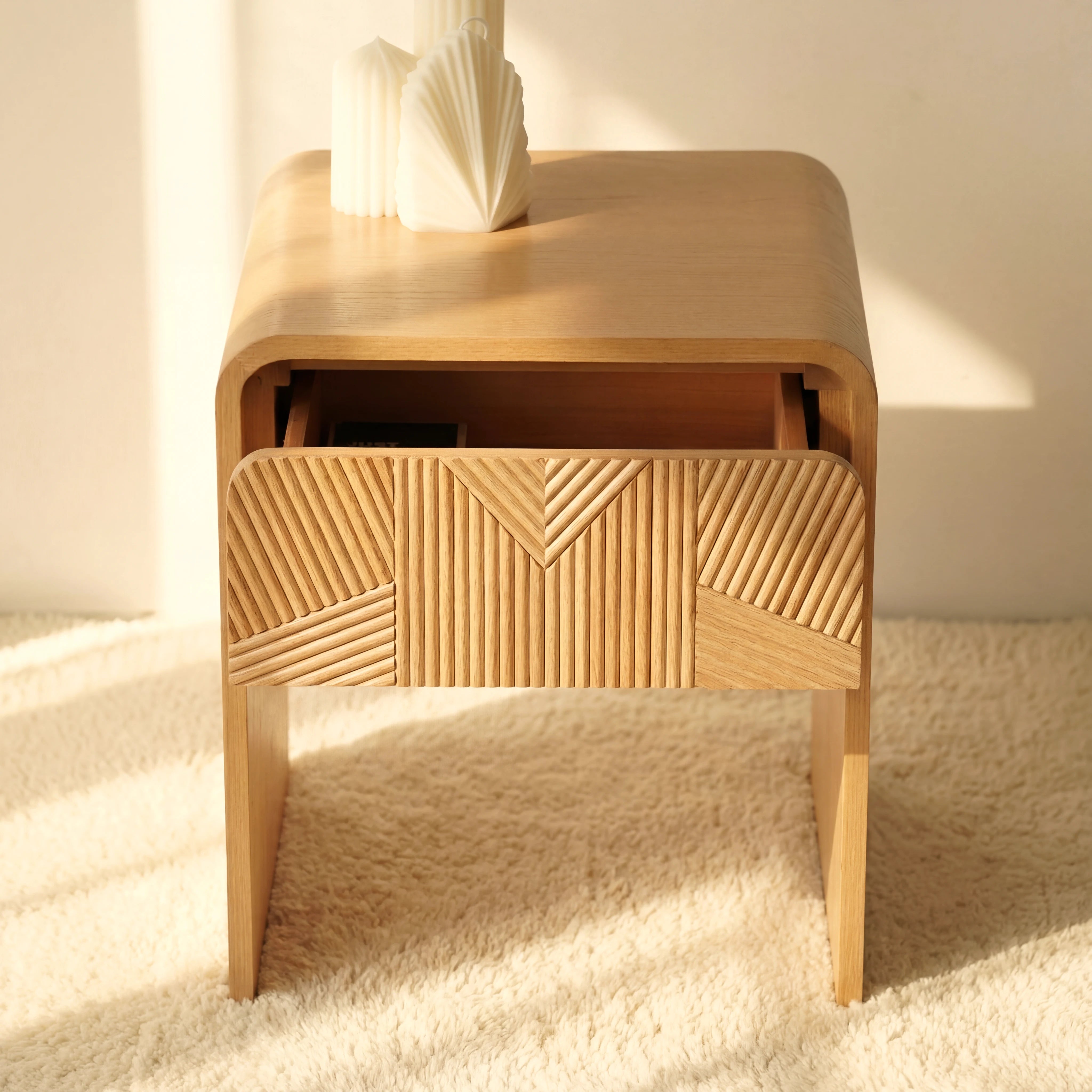 Vista Side Table White oak with sculpted slat detailing