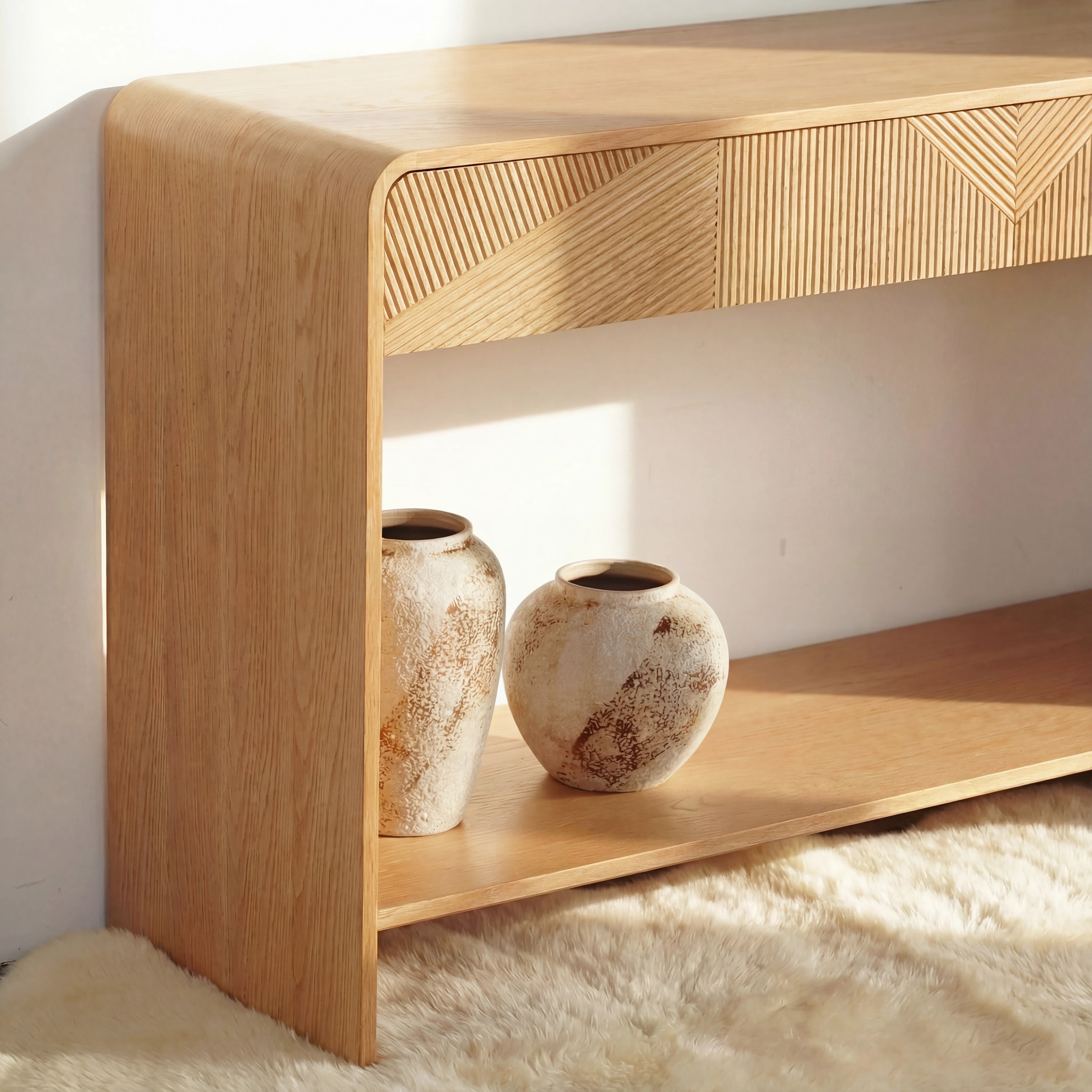 VISTA Console Table White oak with sculpted slat detailing