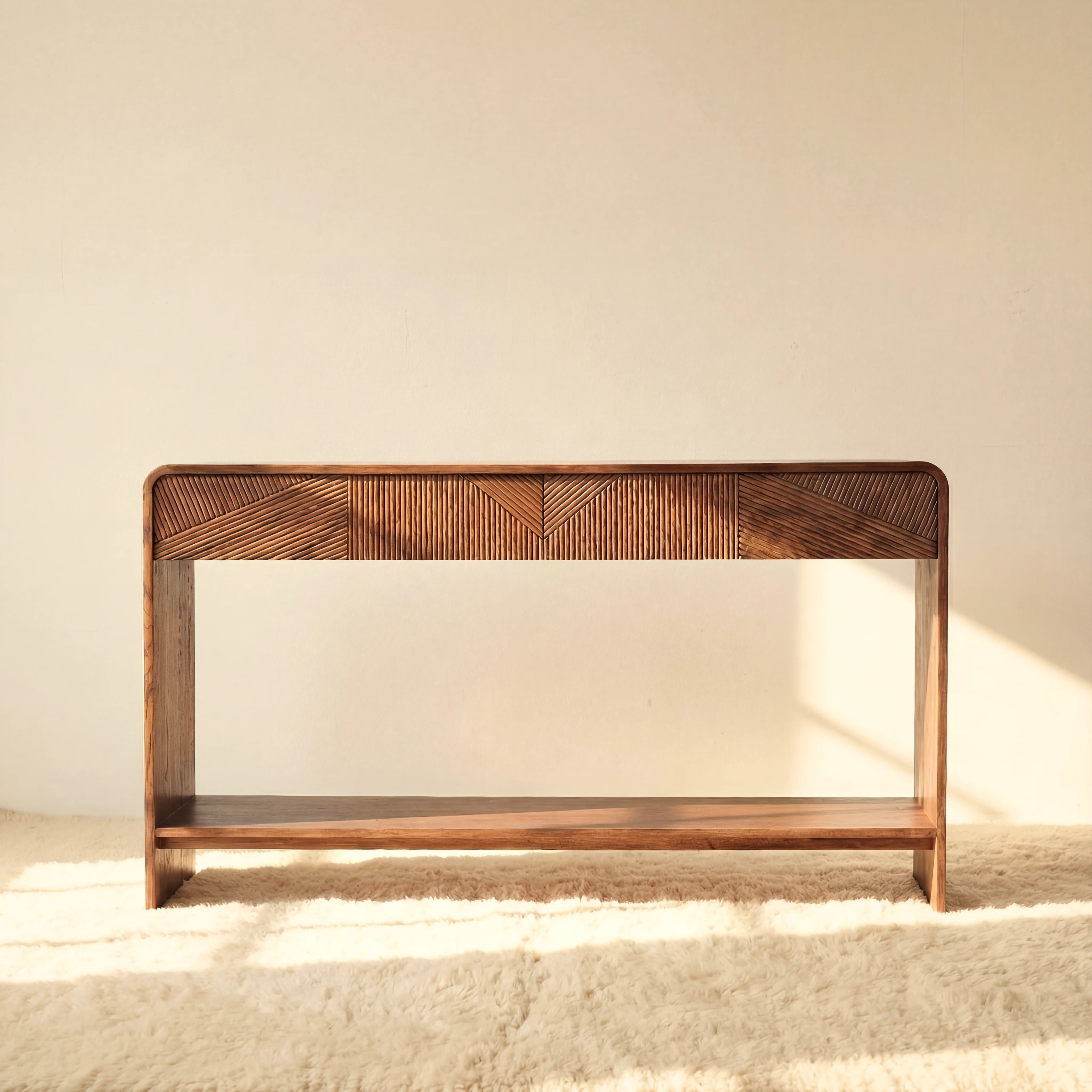 VISTA Console Table White oak with sculpted slat detailing