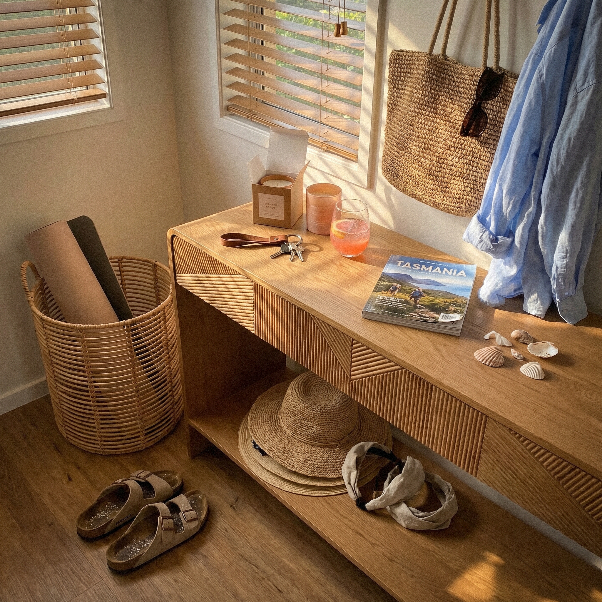 VISTA Console Table White oak with sculpted slat detailing