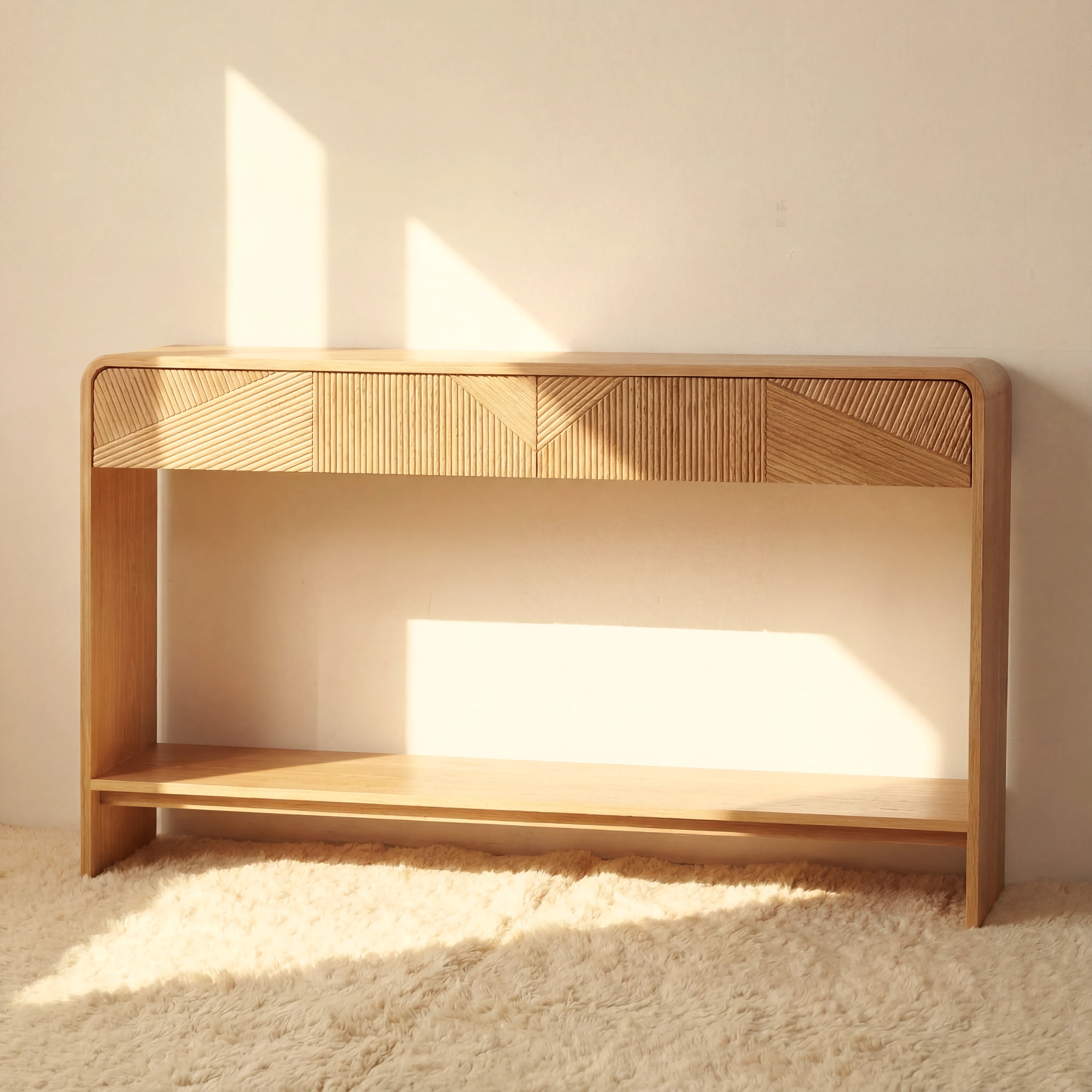 VISTA Console Table White oak with sculpted slat detailing