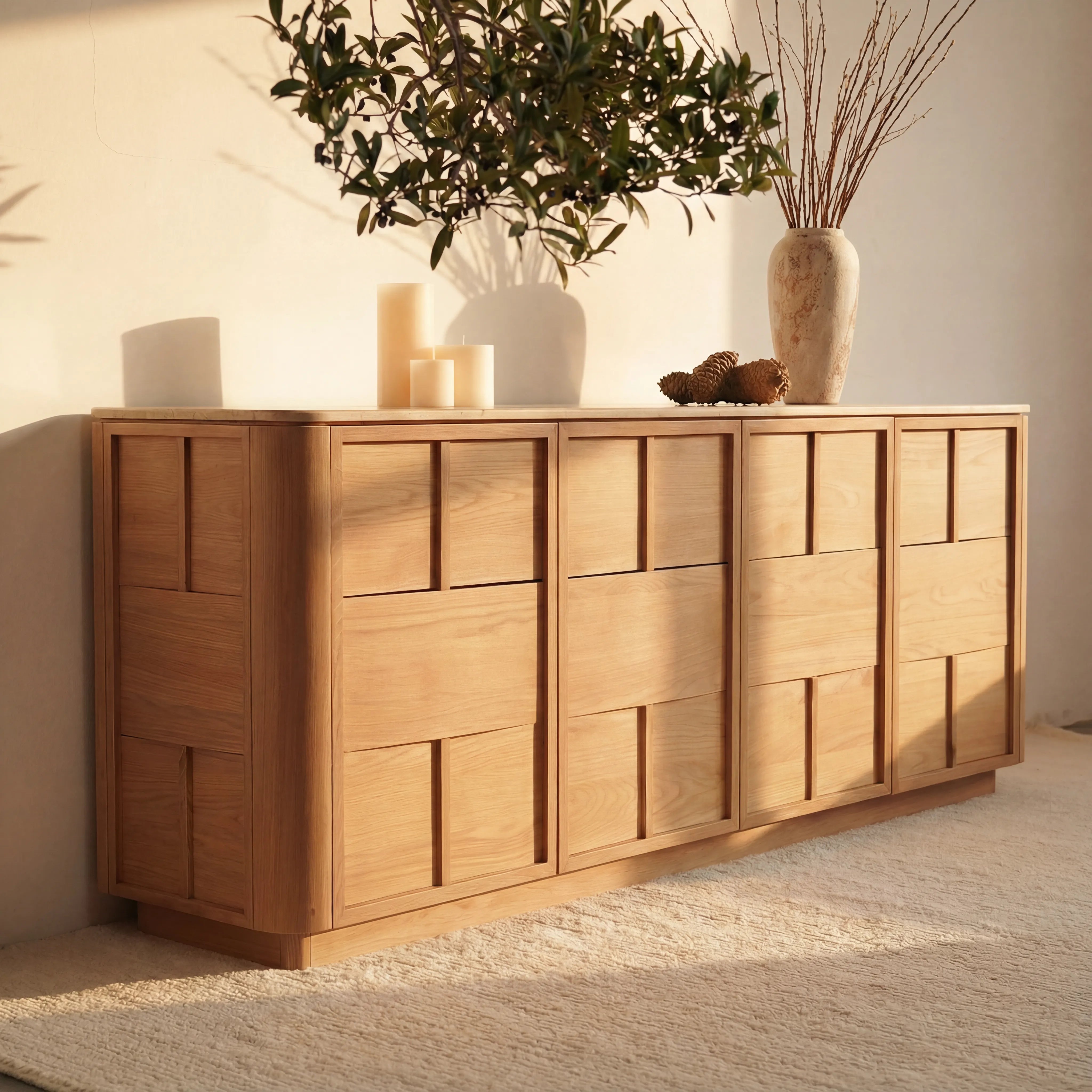 Hearth Sideboard Oak wood with travertine top