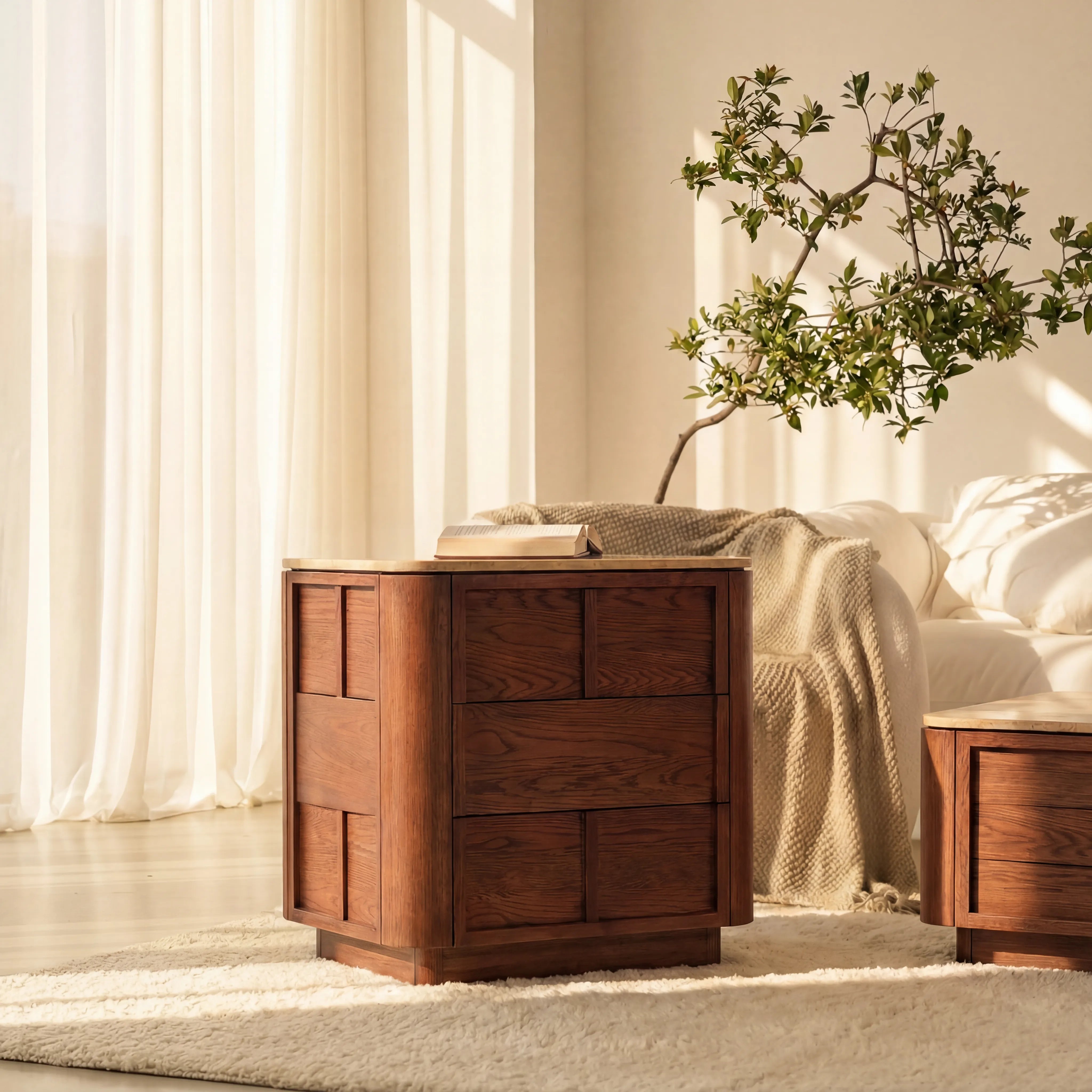 Hearth Bedside Table Oak wood with travertine top