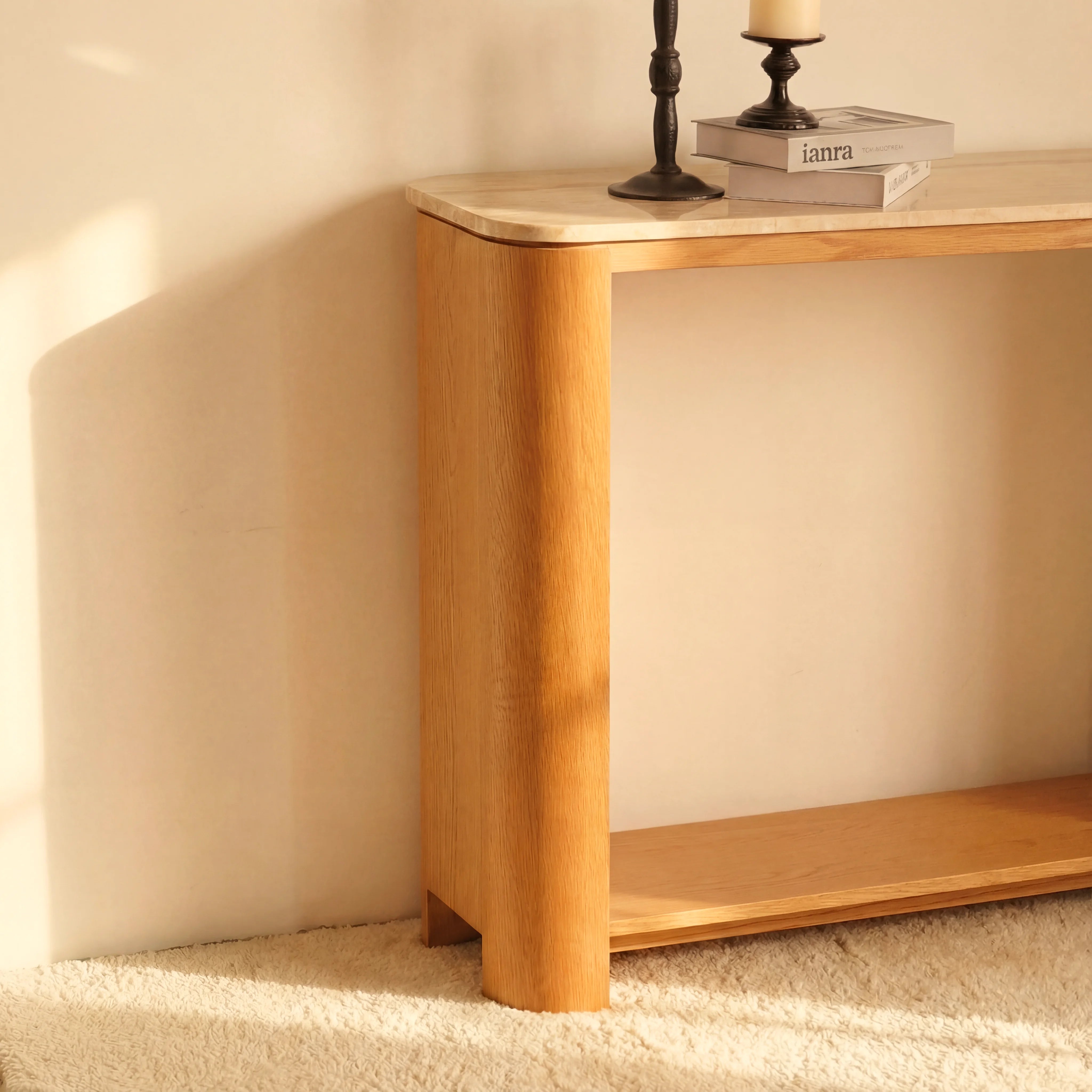 Ovelo Console Table Oak wood with travertine top