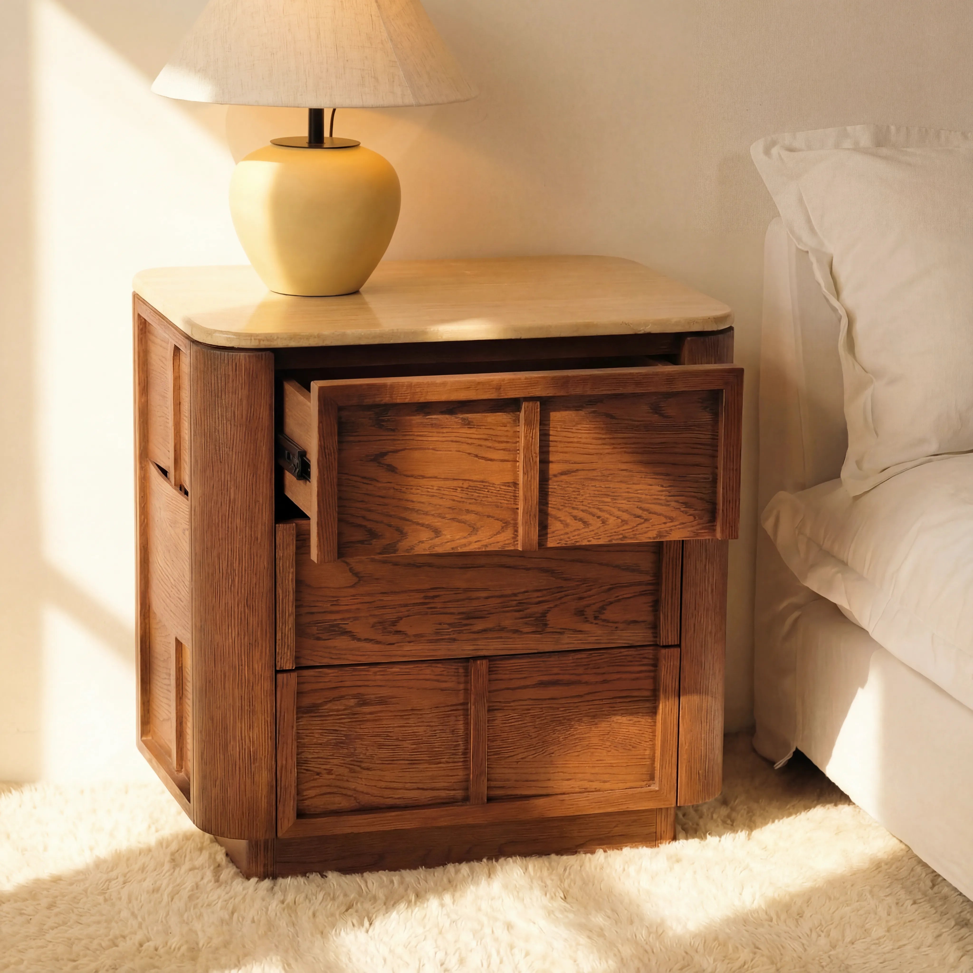 Hearth Bedside Table Oak wood with travertine top