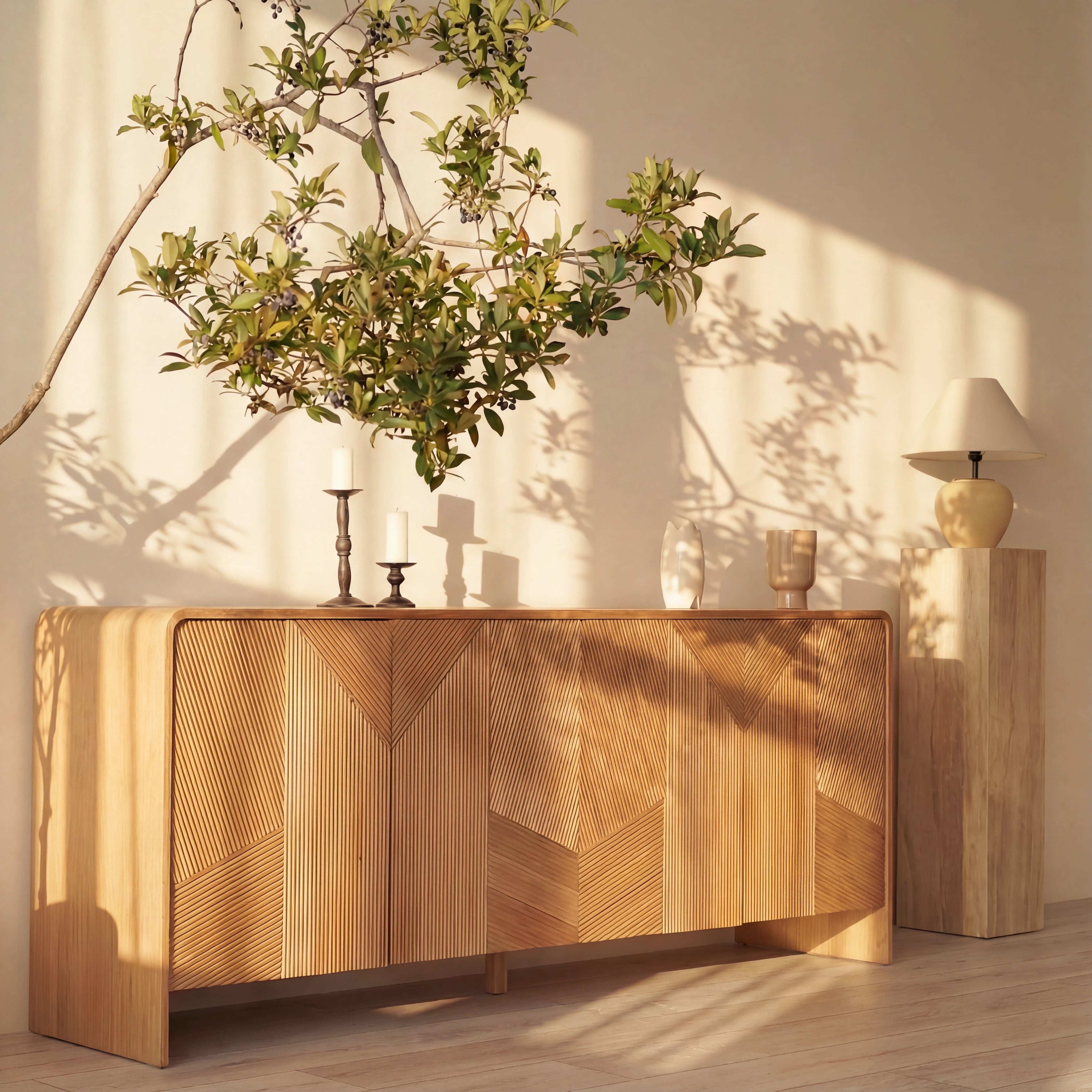 Vista Sideboard White oak with sculpted slat detailing