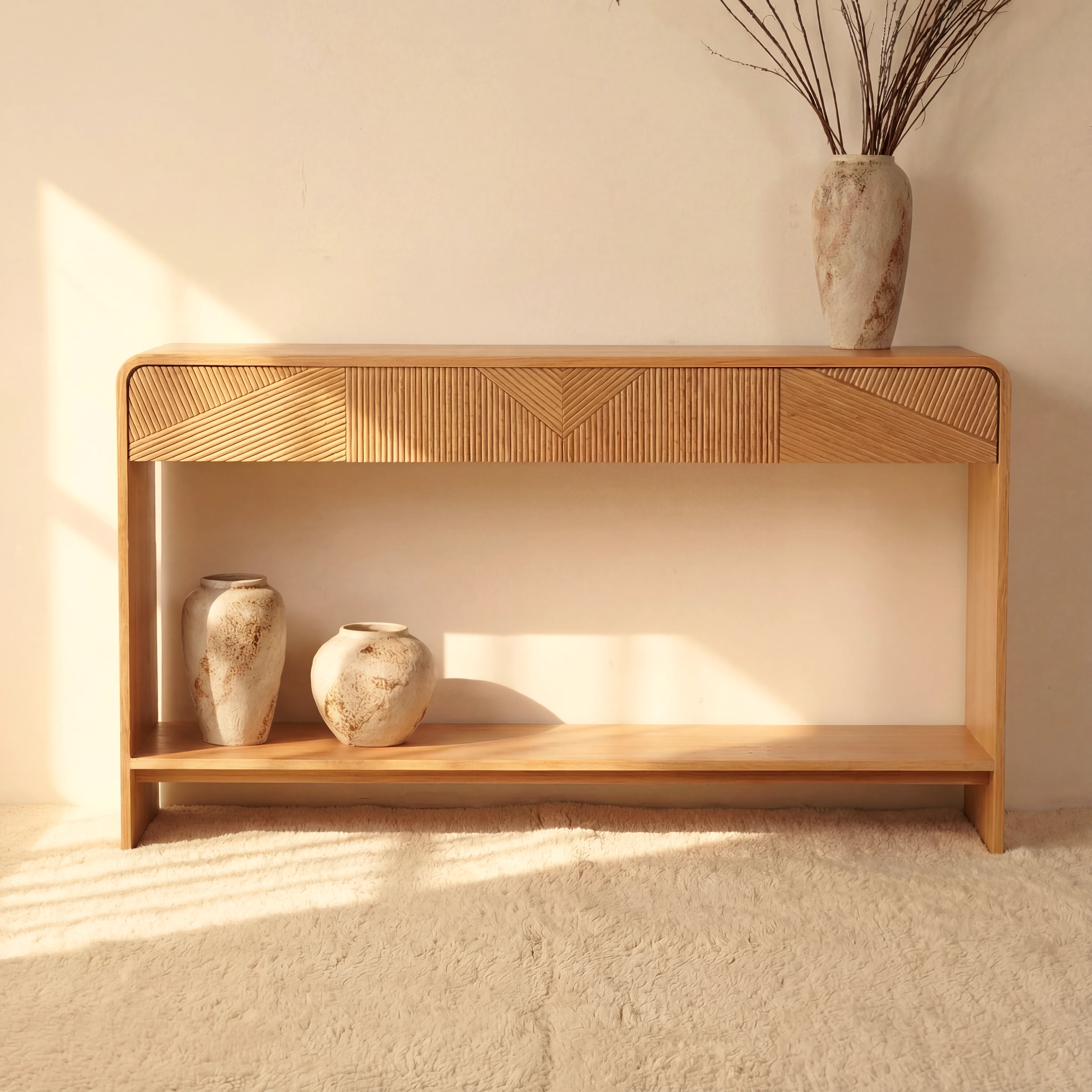 VISTA Console Table White oak with sculpted slat detailing