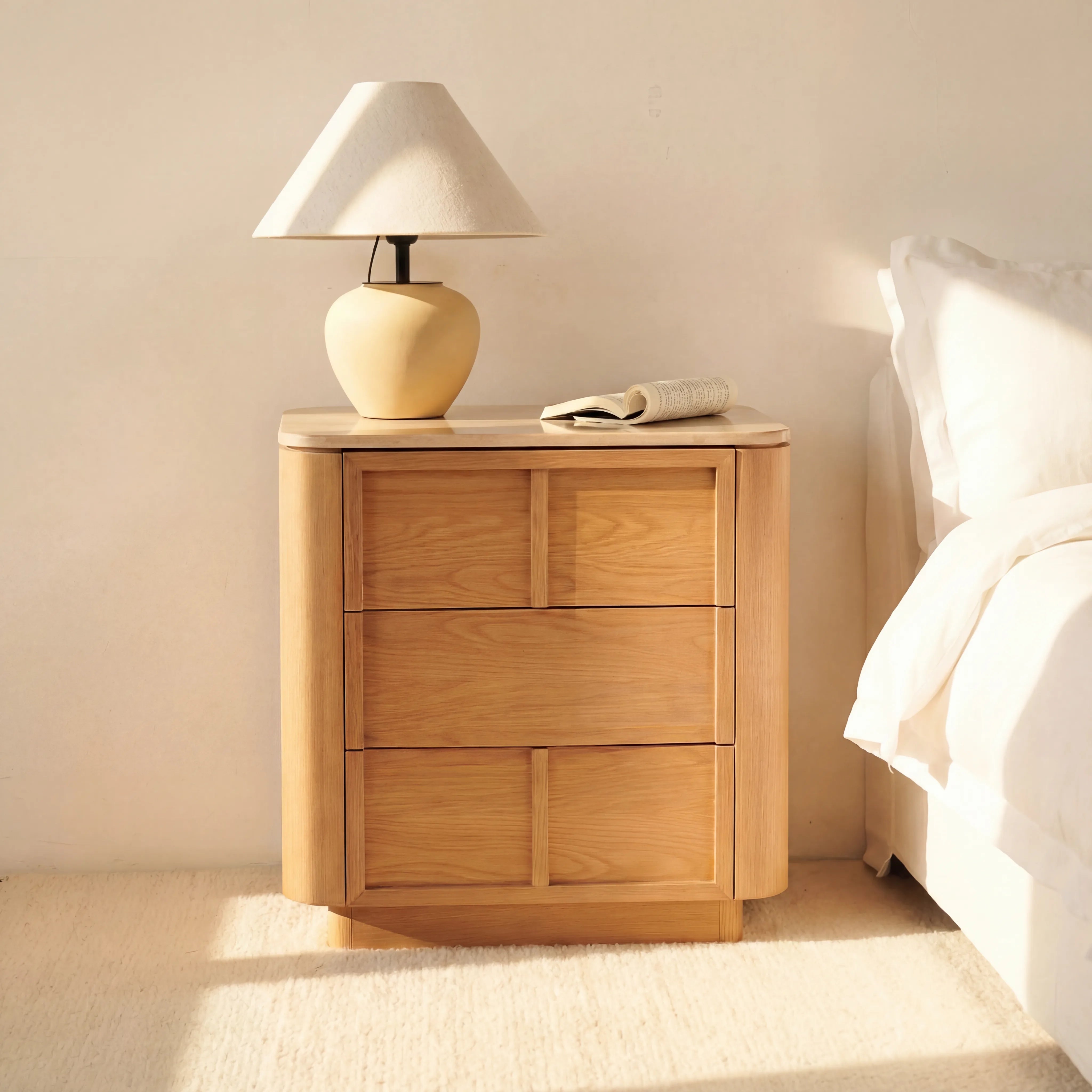 Hearth Bedside Table Oak wood with travertine top