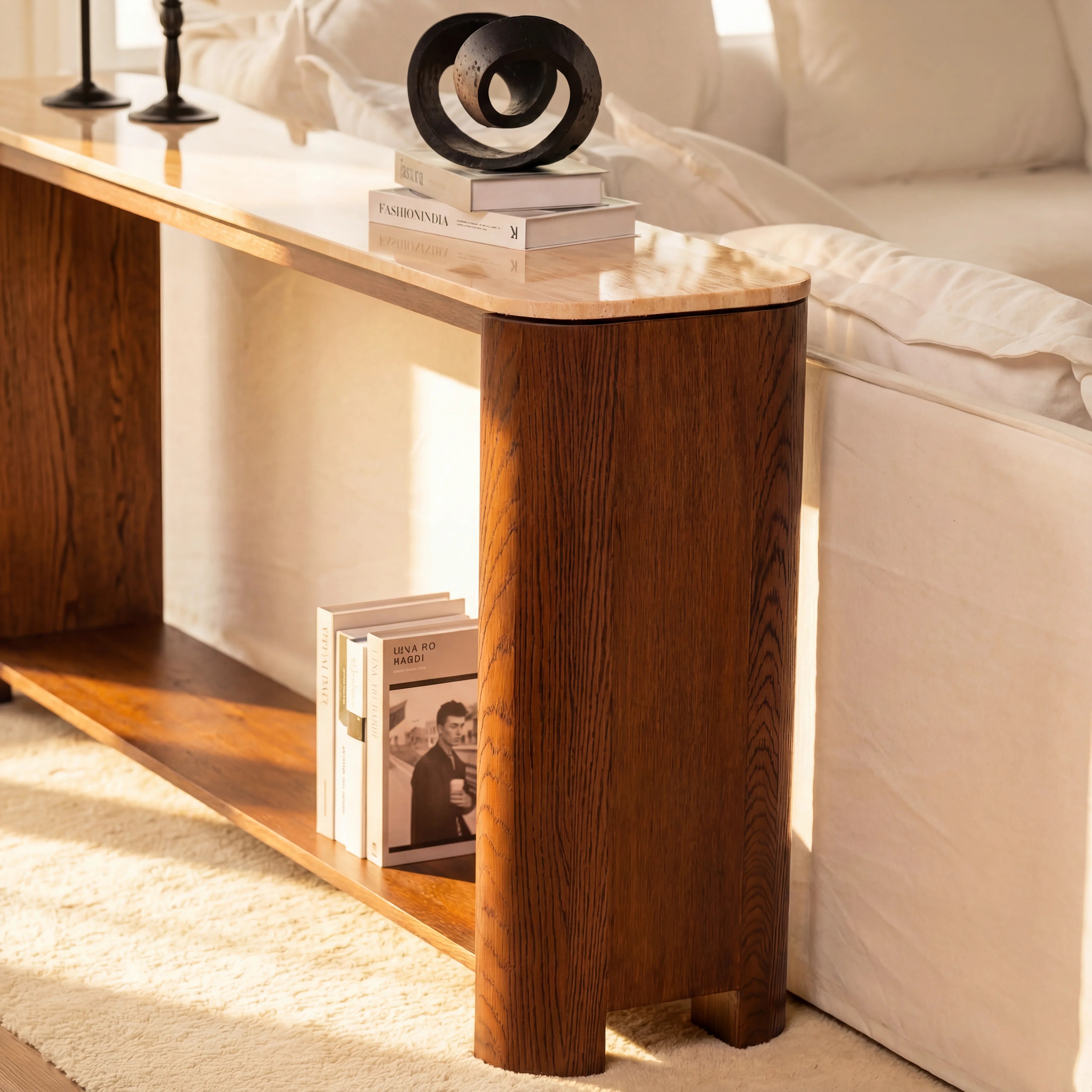 Ovelo Console Table Oak wood with travertine top