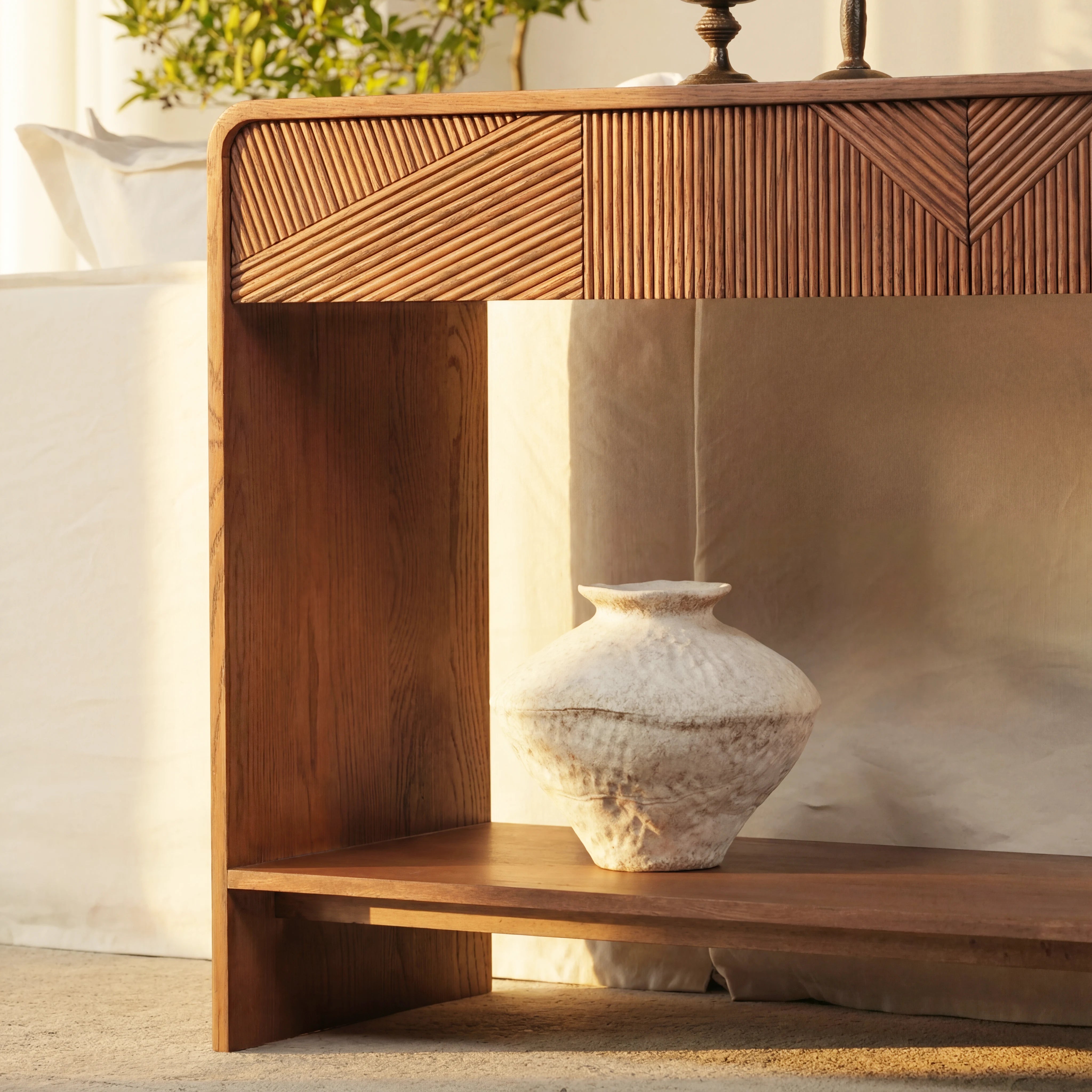 VISTA Console Table White oak with sculpted slat detailing