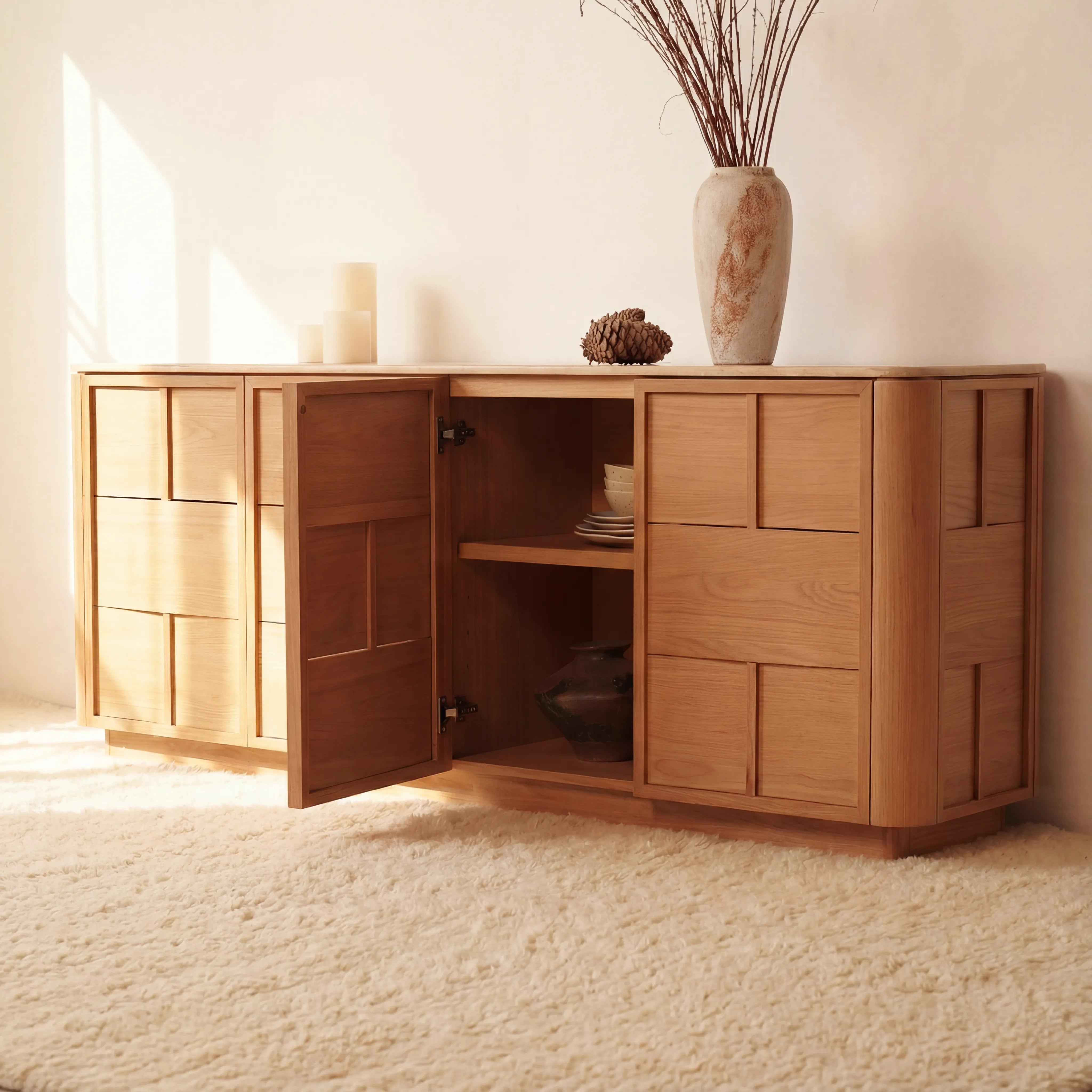 Hearth Sideboard Oak wood with travertine top