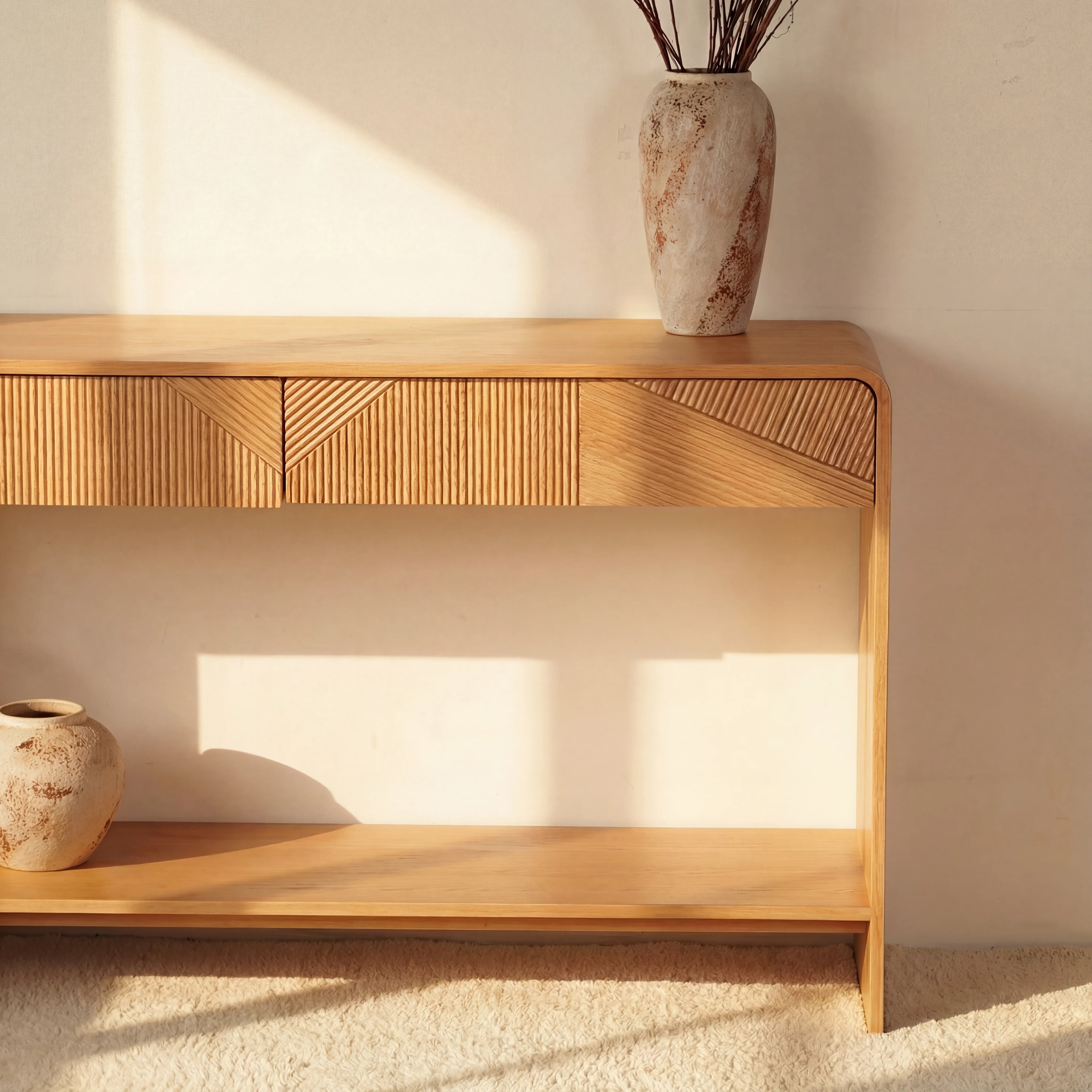 VISTA Console Table White oak with sculpted slat detailing