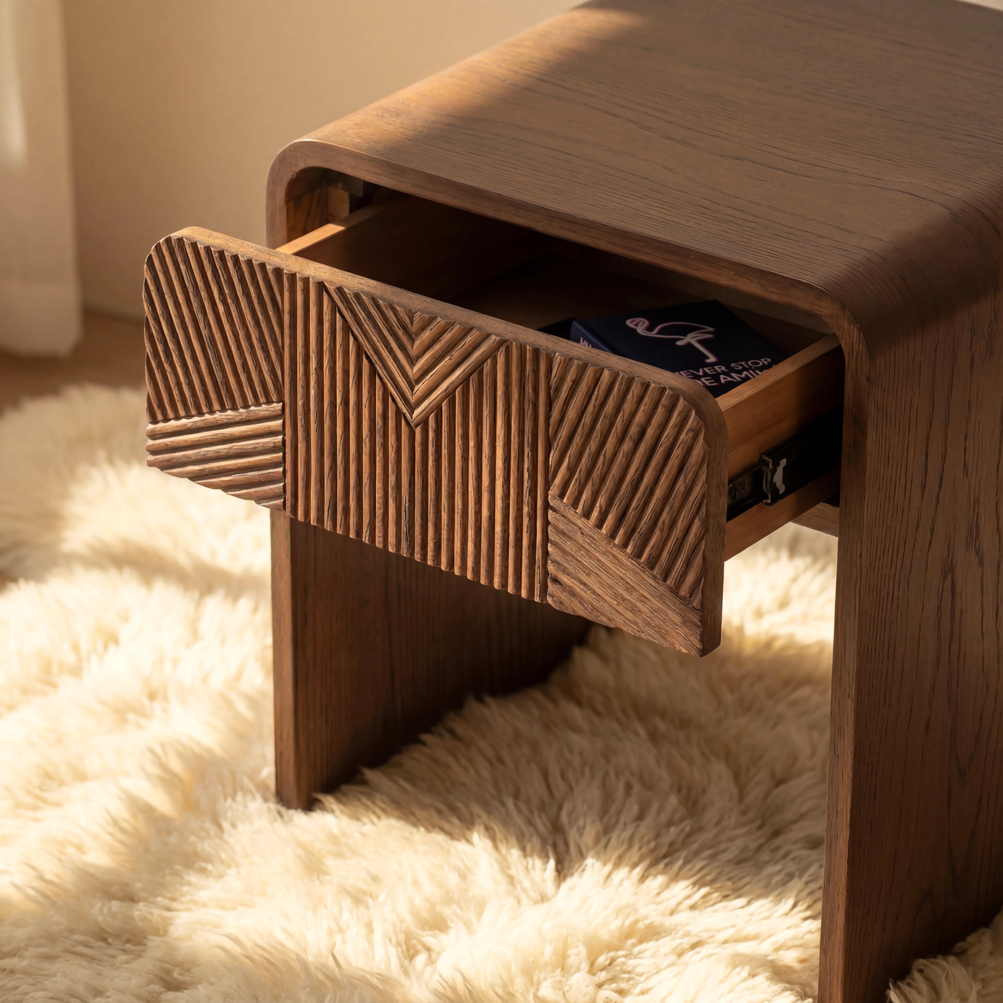 Vista Side Table White oak with sculpted slat detailing