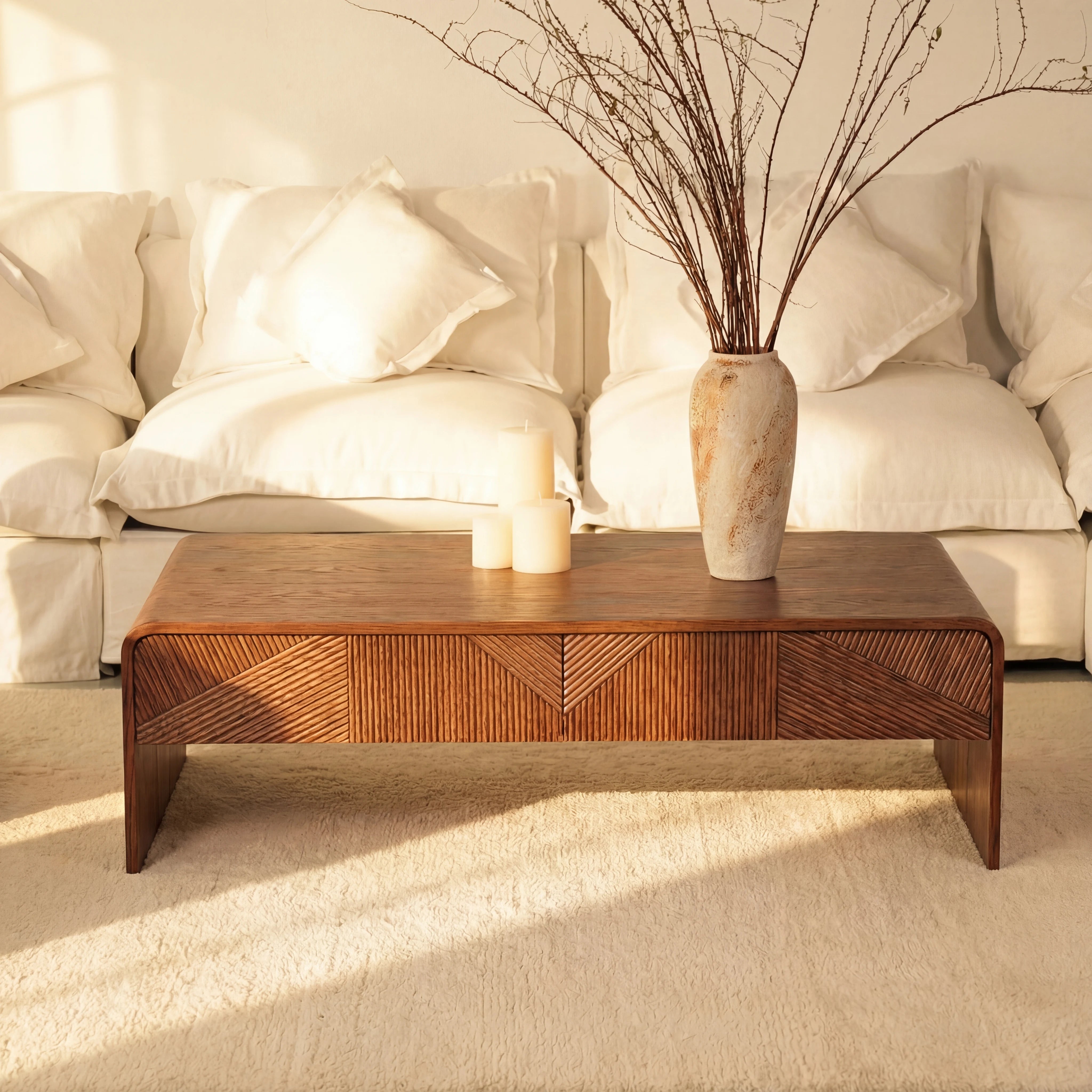 VISTA Coffee Table White oak with sculpted slat detailing