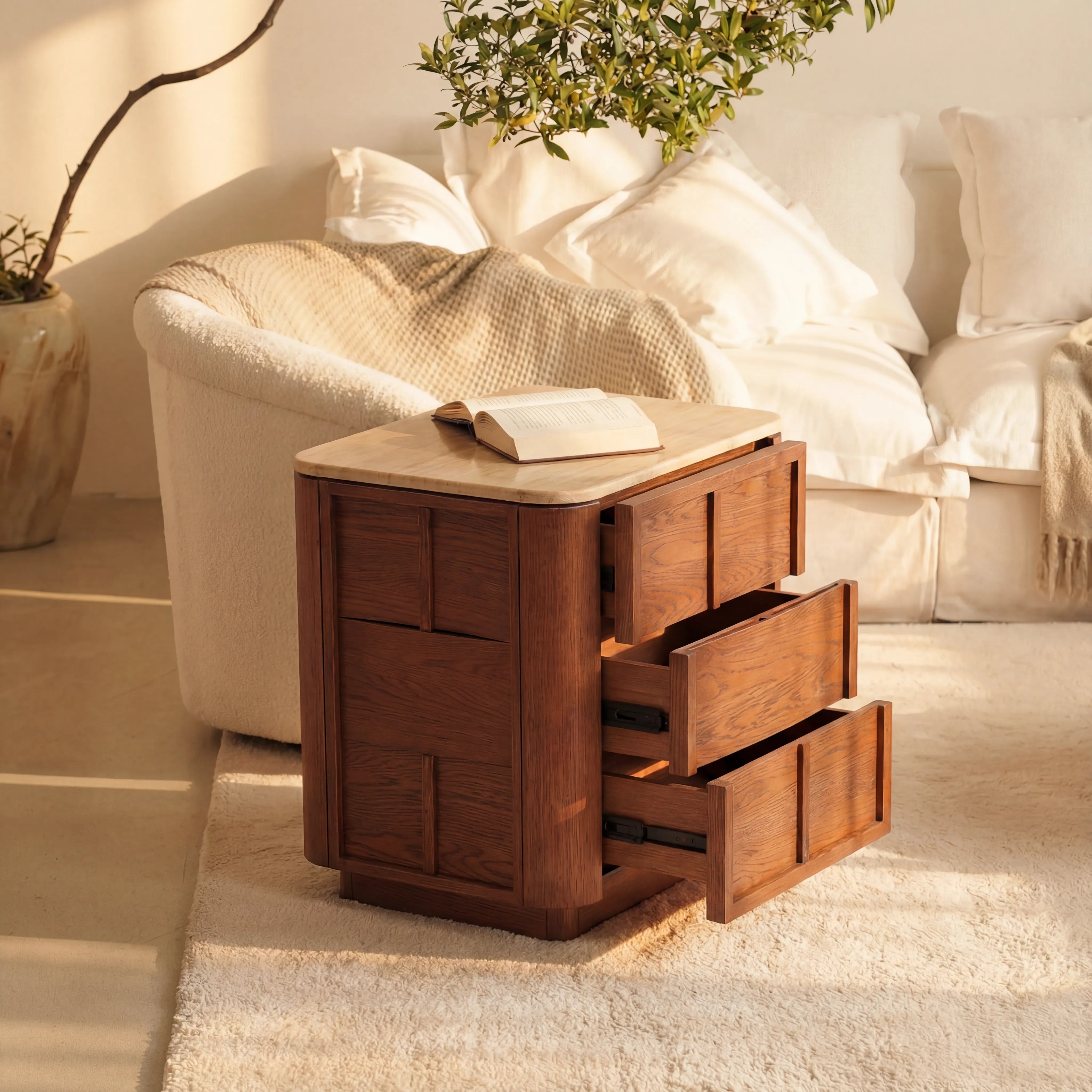 Hearth Bedside Table Oak wood with travertine top