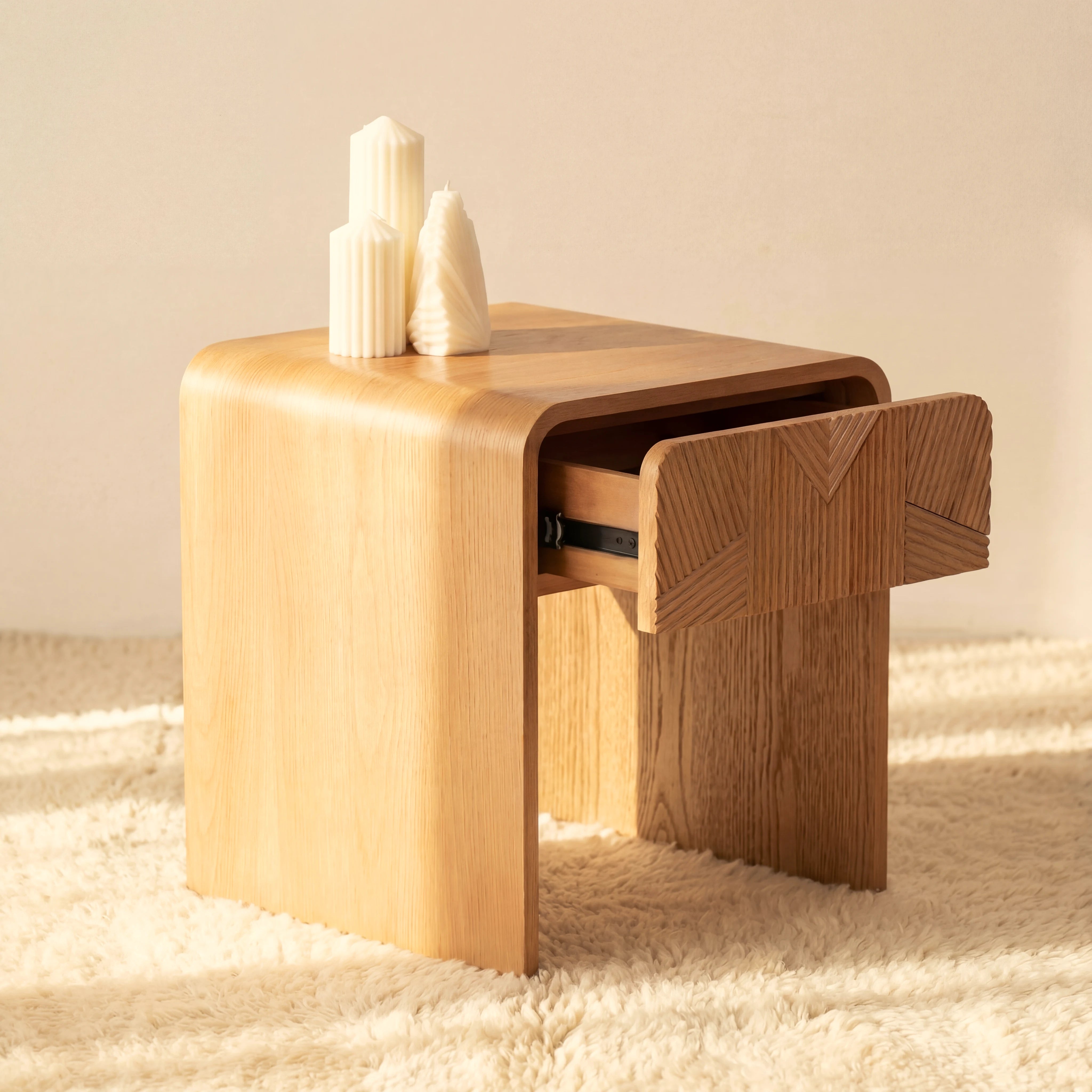 Vista Side Table White oak with sculpted slat detailing