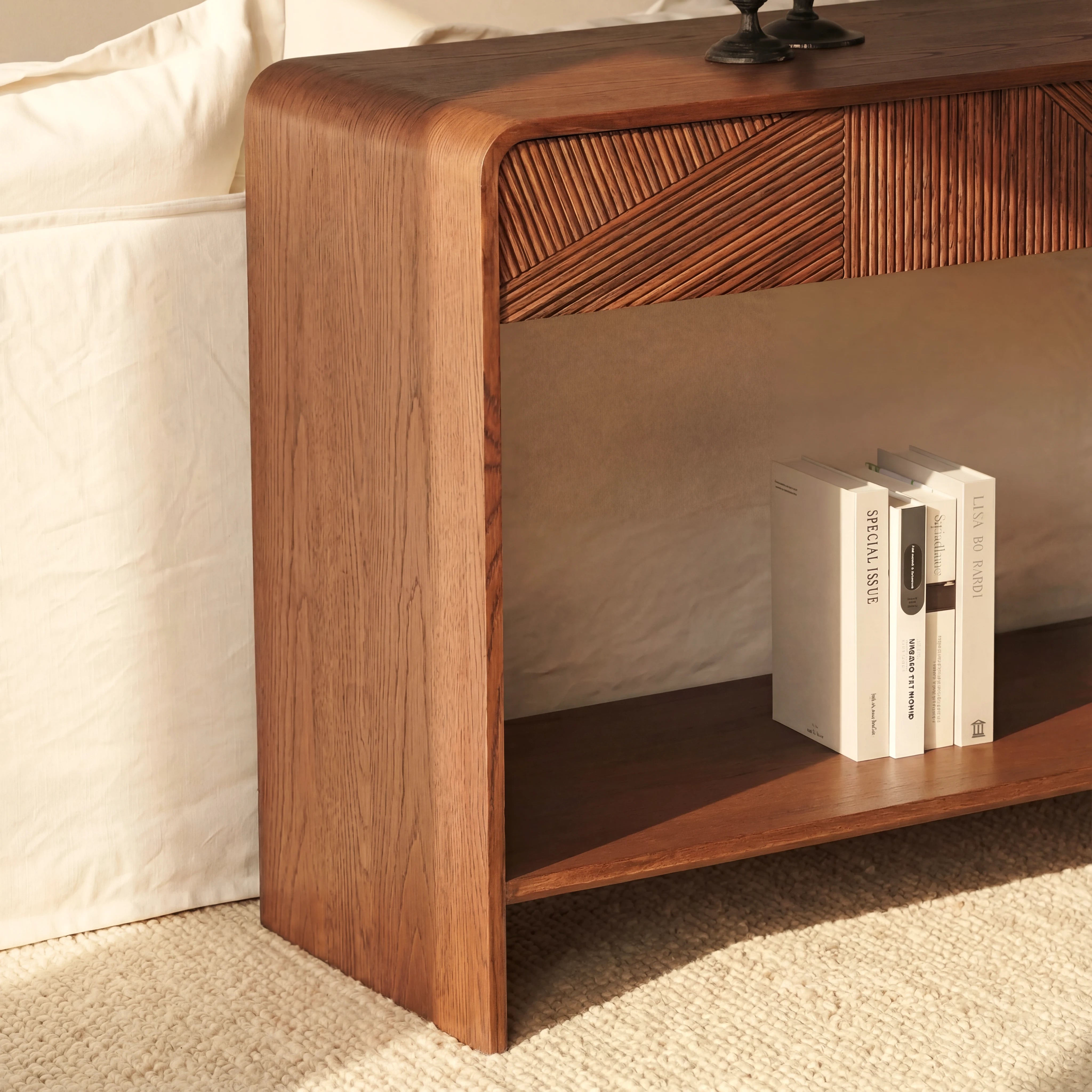 VISTA Console Table White oak with sculpted slat detailing