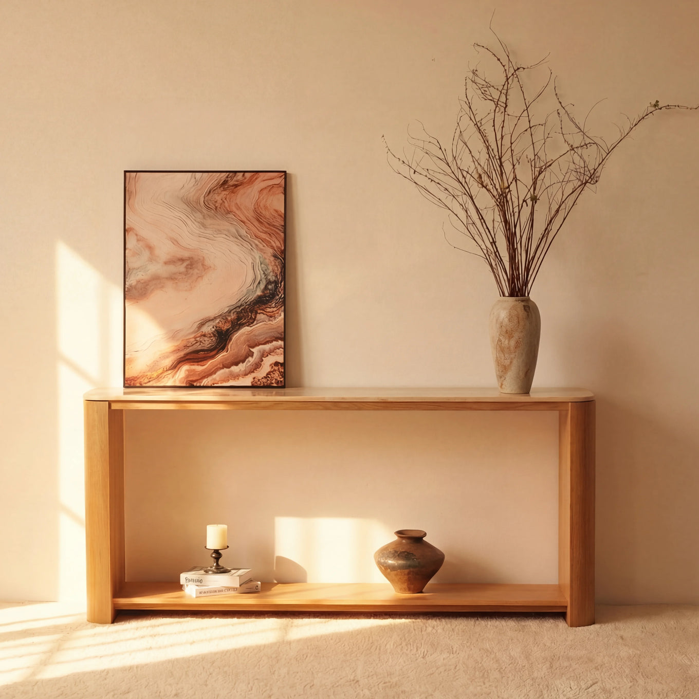 Ovelo Console Table Oak wood with travertine top