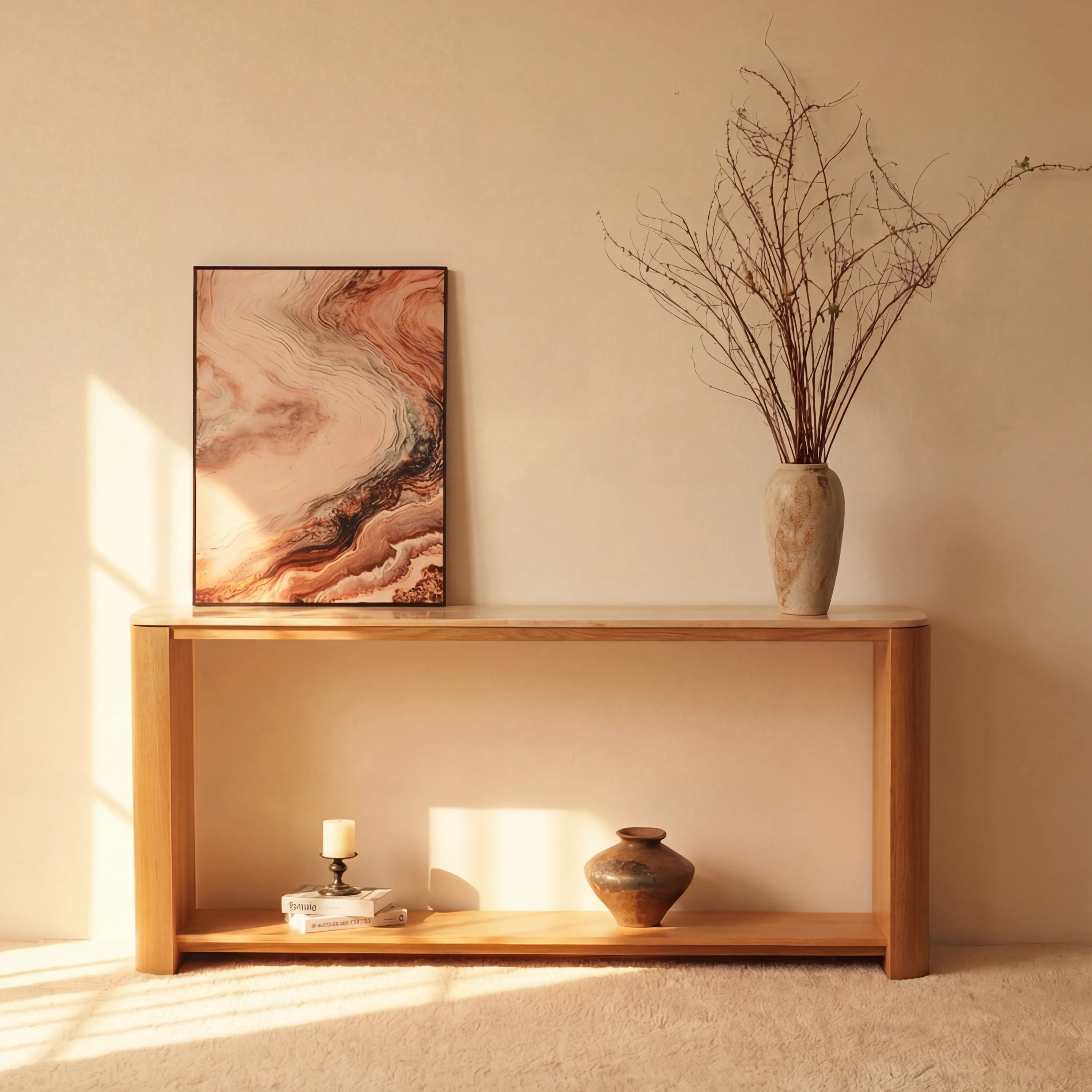 Ovelo Console Table Oak wood with travertine top