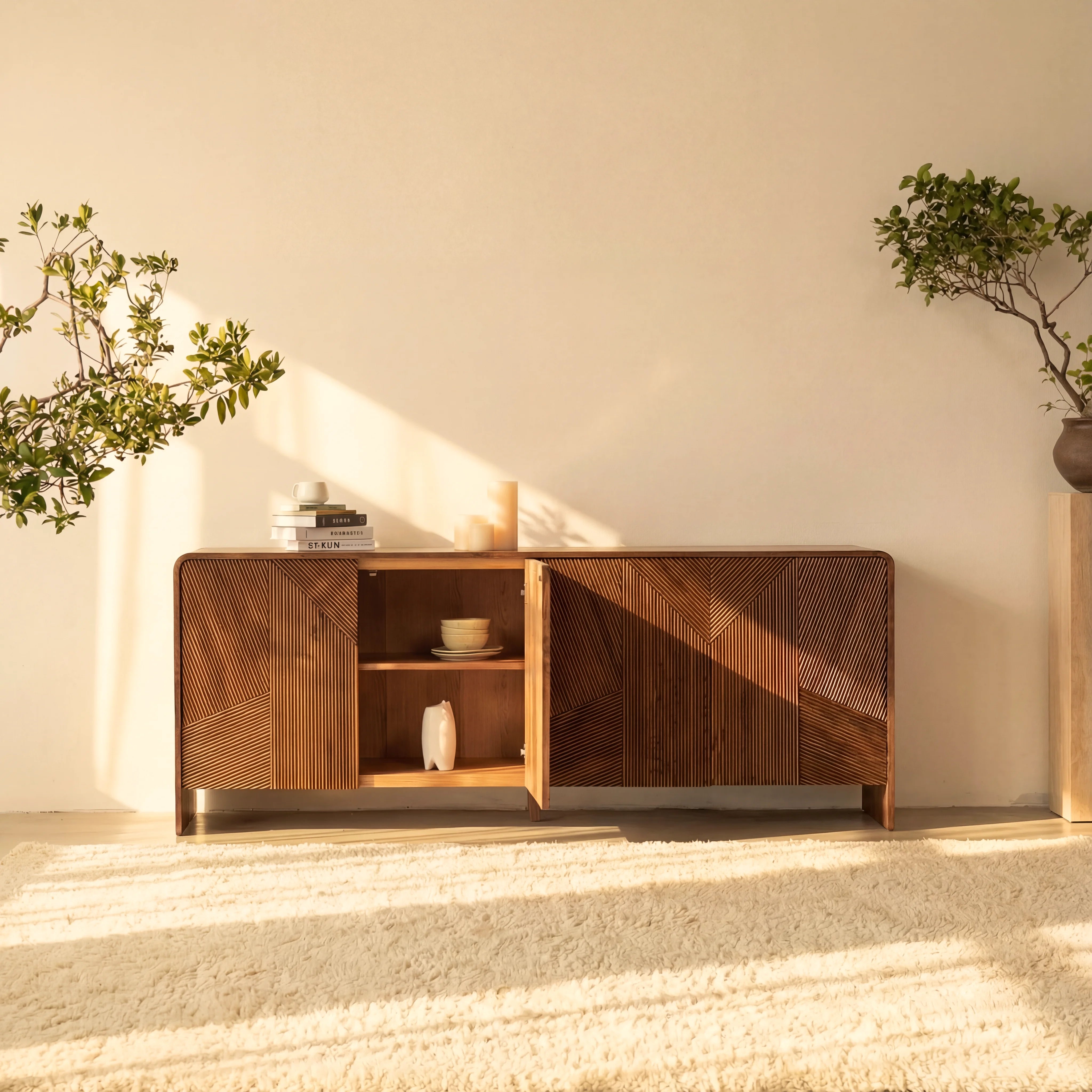 Vista Sideboard White oak with sculpted slat detailing