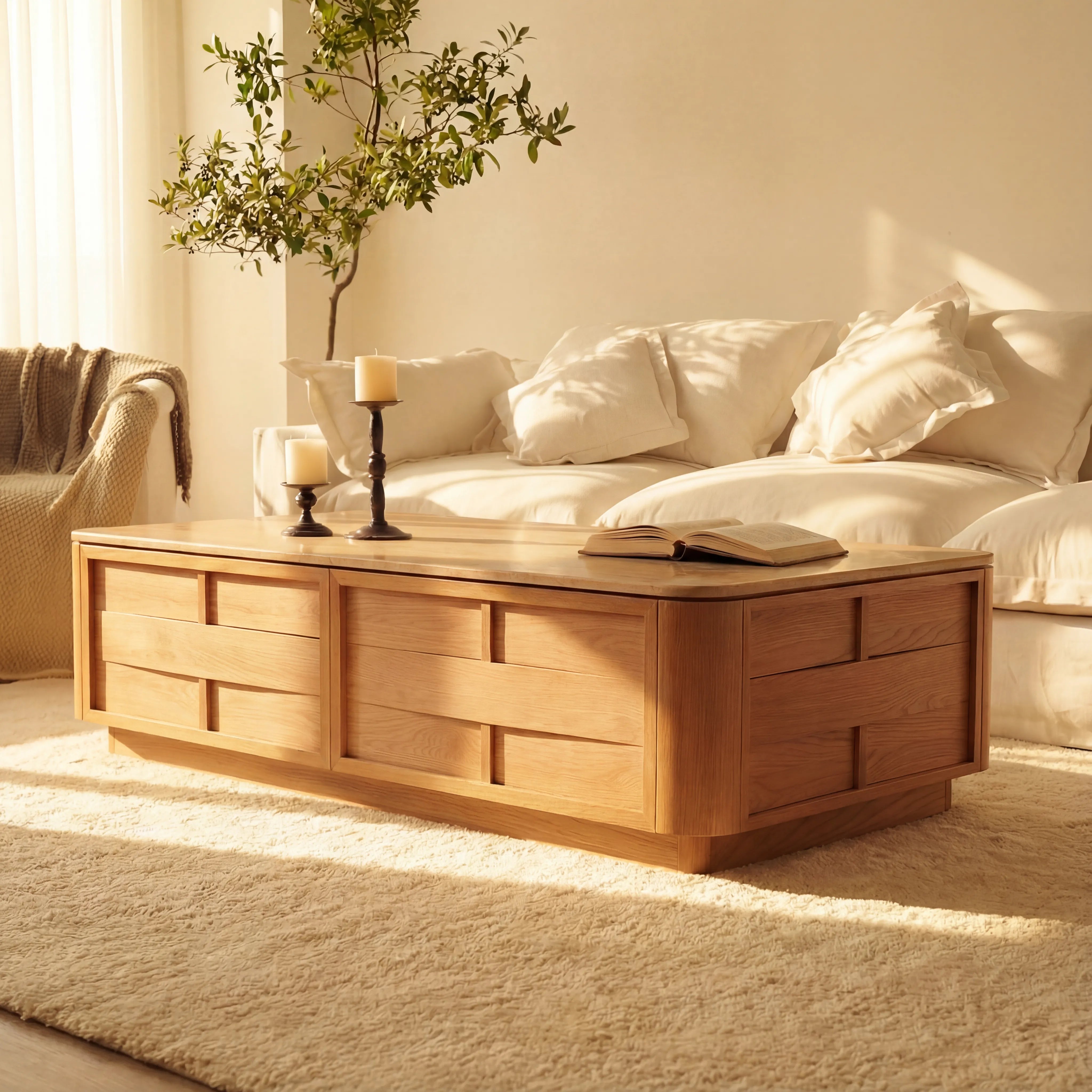 Hearth Coffee Table Oak wood with travertine top