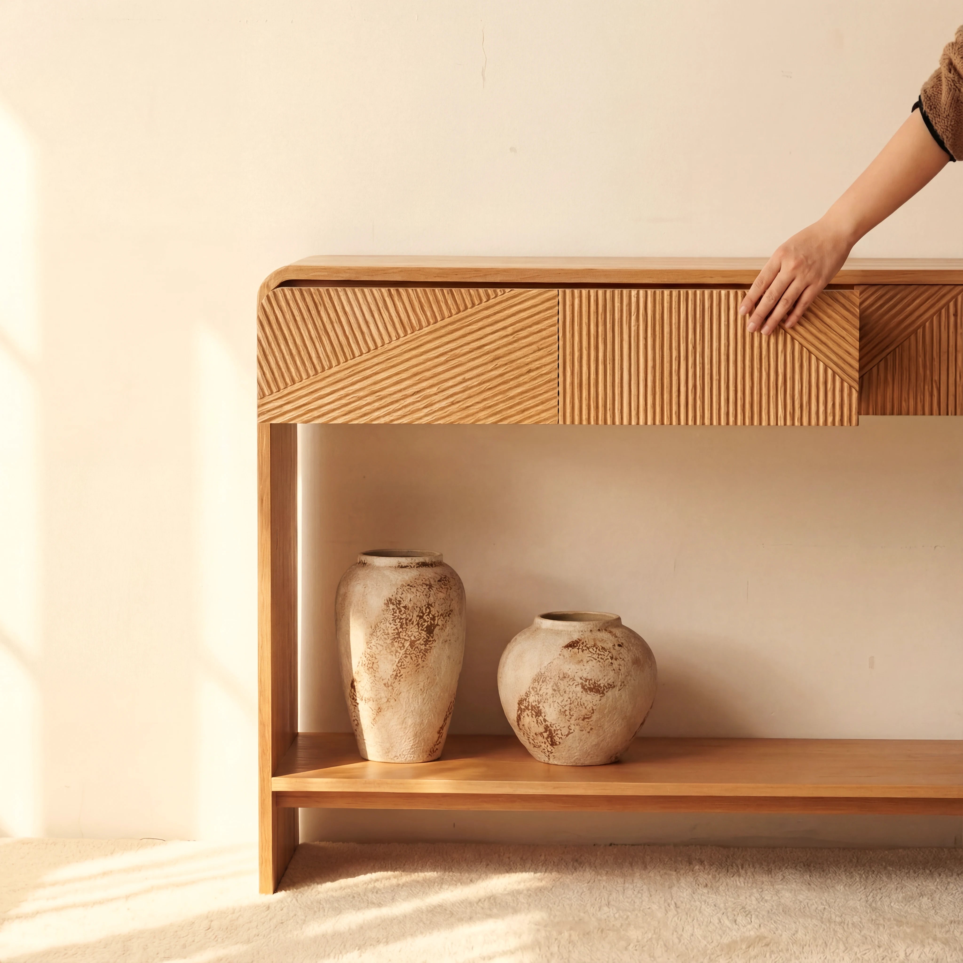 VISTA Console Table White oak with sculpted slat detailing